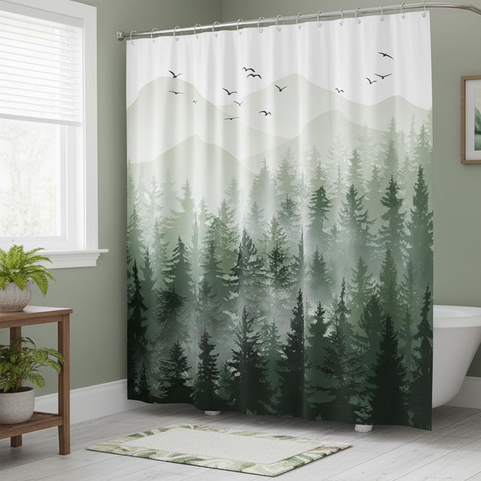 Stall Small Black and White Misty Forest Shower Curtain Ombre Gray Grey Mountain Pine Tree Waterproof Fabric Shower Curtains for Bathroom Nature Woodland Decorative Bath Curtain Decor 36×72 Inches