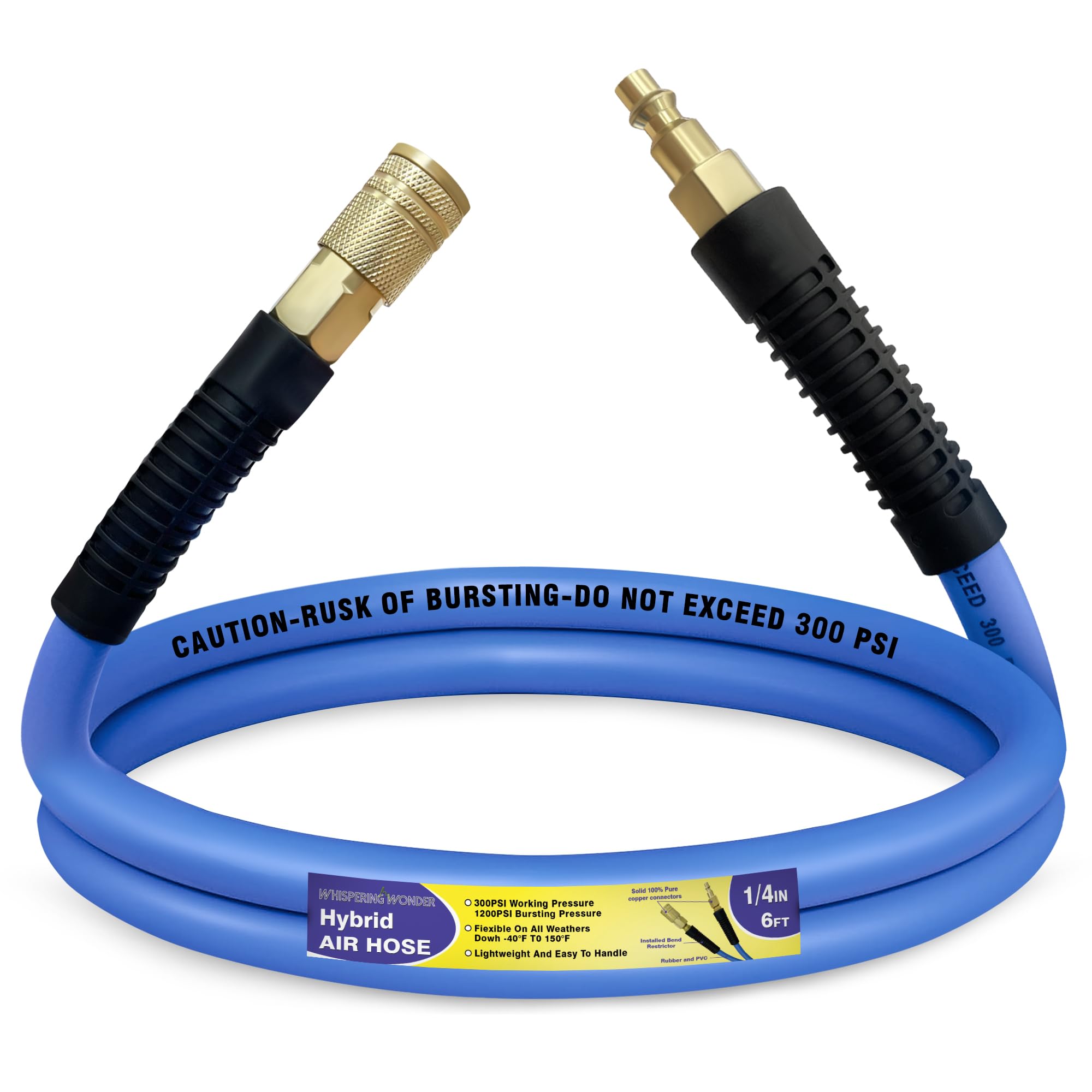 Air Compressor Hose 1/2 in, 300 PSI Heavy Duty Hybrid Air Hose with Quick Coupler and Plug Kit, Lightweight, Kink Resistant, All Weather Flexibility with Bend Restrictors, 6 Feet