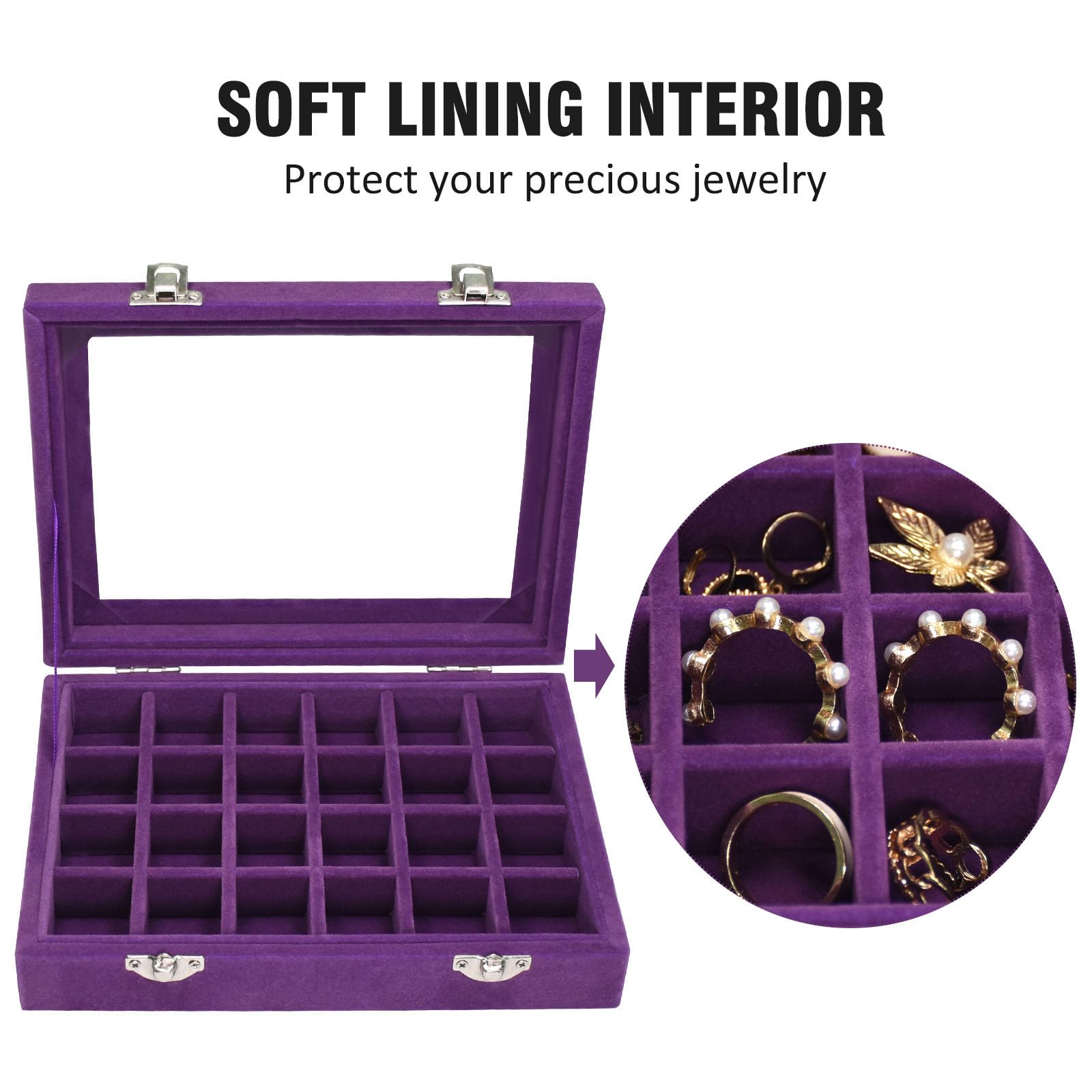 Vicoter Velvet Jewelry Box 24 Grid Jewelry Ring Display Organiser Box Tray Holder Earrings Storage Case for Girls Wife Mom Women (Beige)