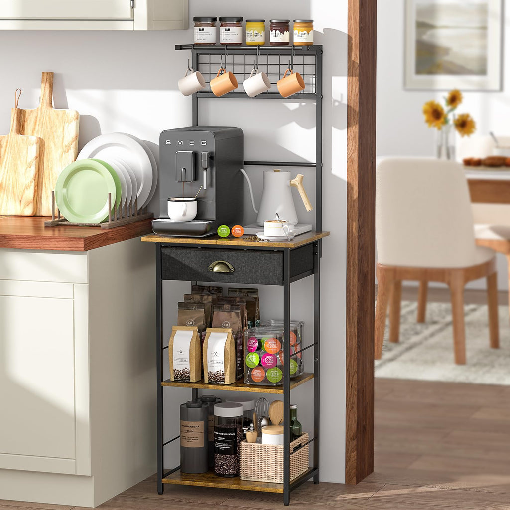 5 Tier Coffee Bar Station, Kitchen Stand with 4 S-Shaped Hooks, Farmhouse Corner Coffee Bar Cabinet for Small Spaces, Bakers Rack for Kitchen, Entryway, Living Room, 13.43"D x 18.93"W x 53.31"H
