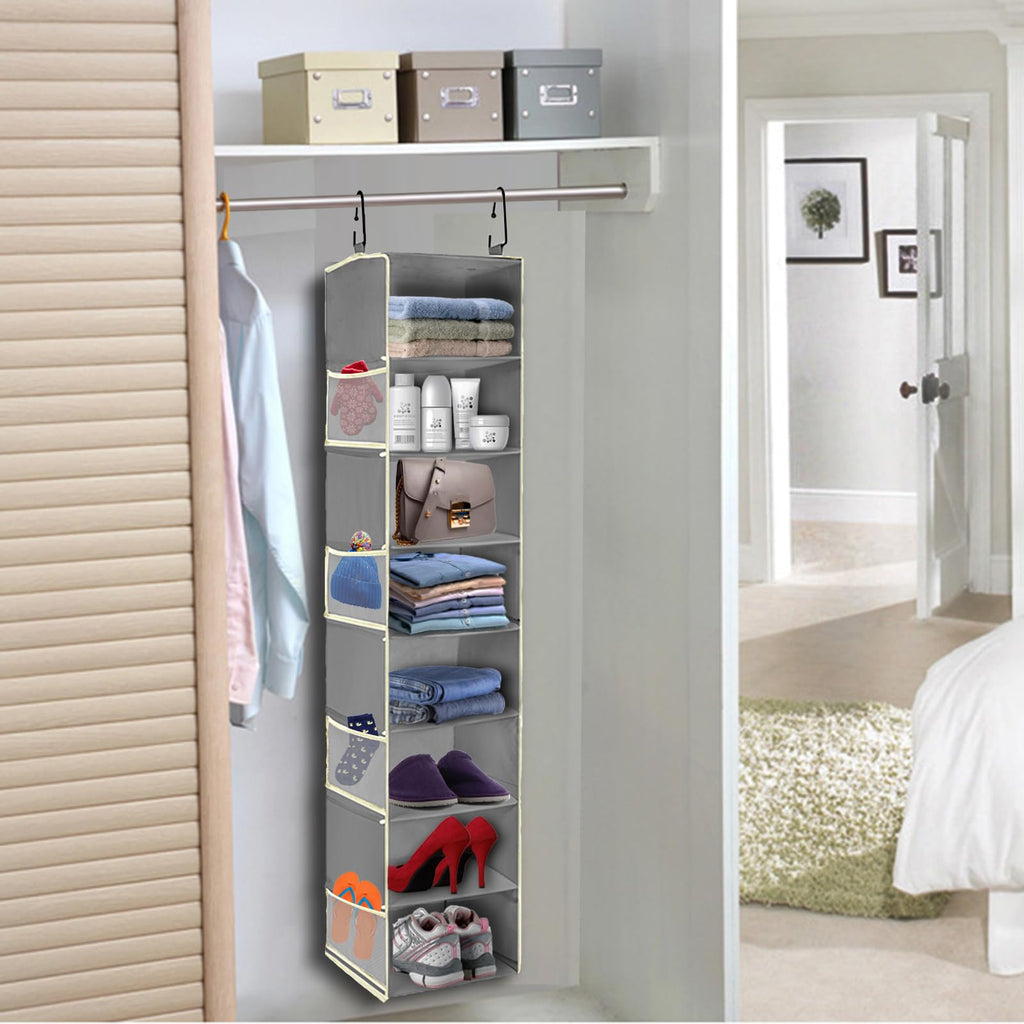 Large-Sized Hanging Shoe Organizer 8-Shelf, Hanging Closet Organizer with 8 Side Pockets, Wider Hanging Shelves for Storage Shoes Clothes 9" W × 11.8" D× 48" H, Beige.