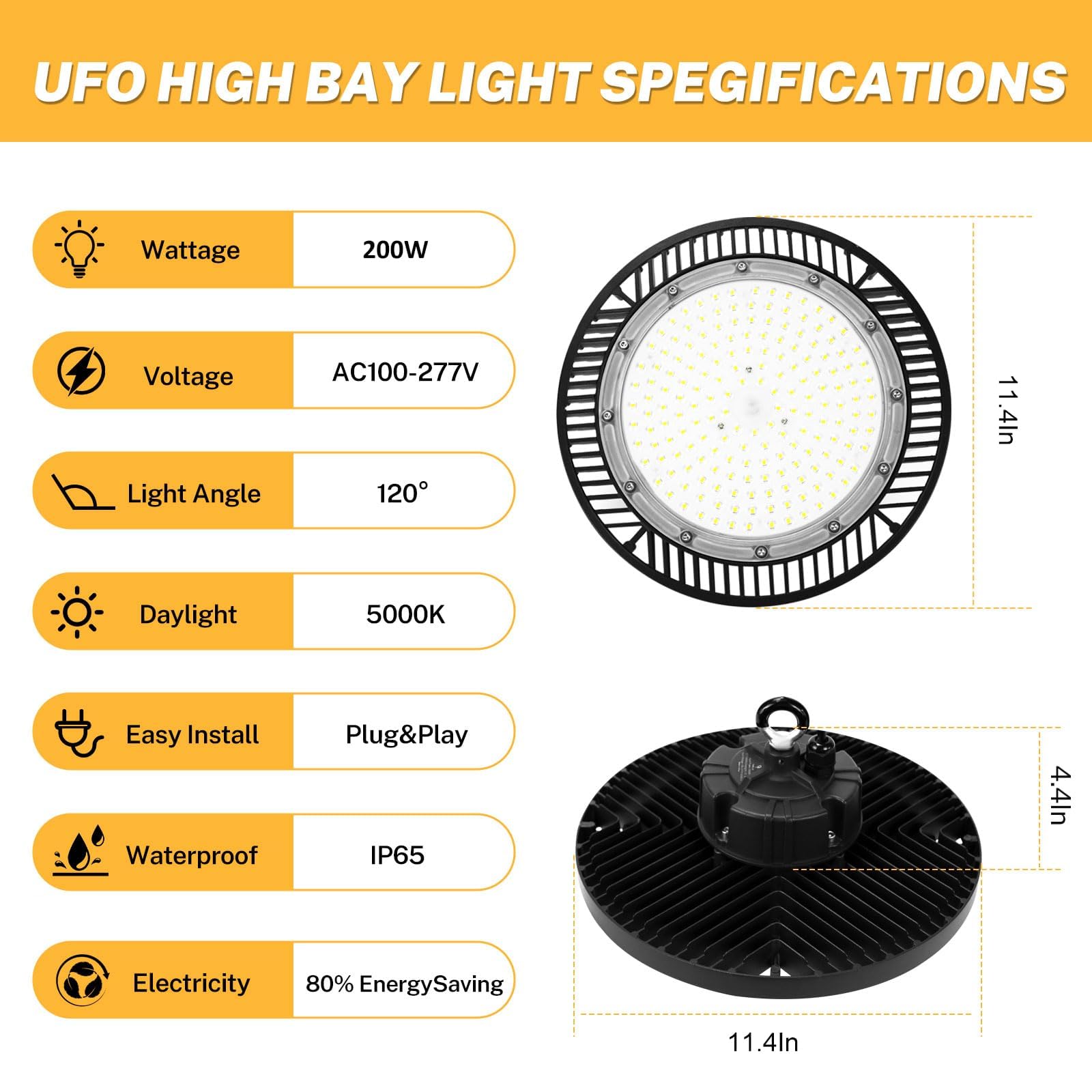200W LED High Bay Lights UFO 150lm/w 5000K AC100-277V IP65 Super Brightness Shop Lights Replaces 800W HPS for Warehouse Workshop Gym Garage Barn FCC Listed