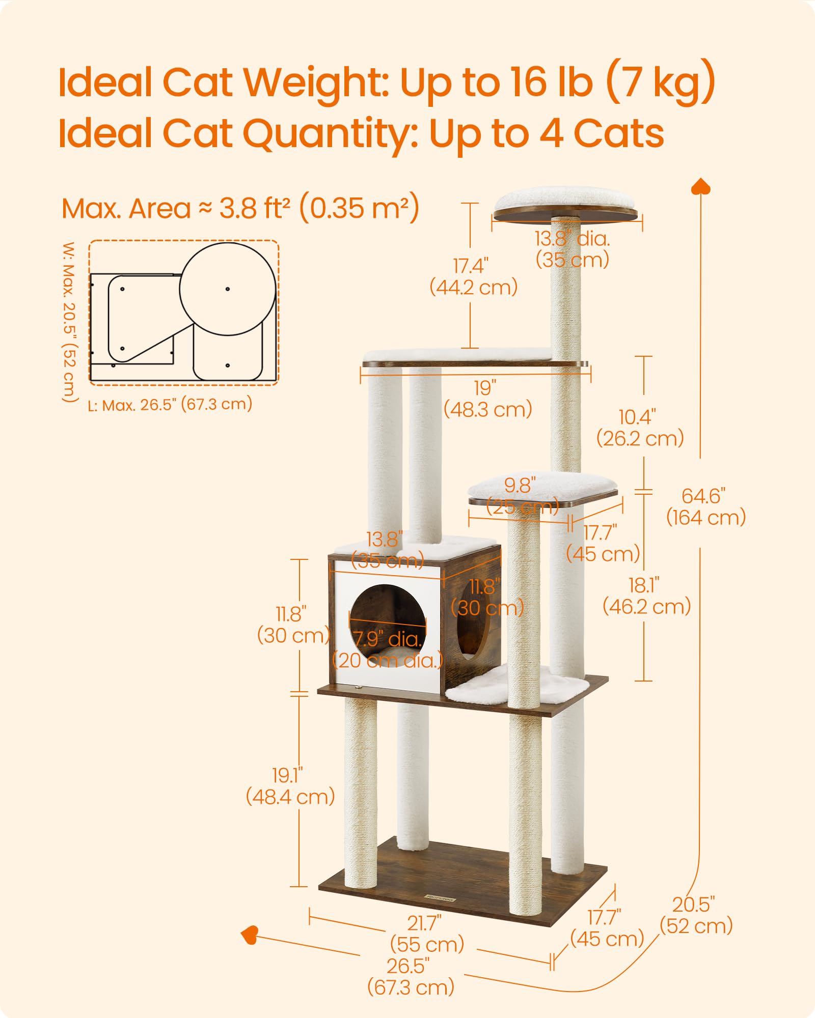 Feandrea Cat Tree, 65-Inch Modern Cat Tower for Indoor Cats, Multi-Level Cat Condo with 5 Scratching Posts, Perch, Washable Removable Cushions, Cat Furniture, Cloud White UPCT166W01