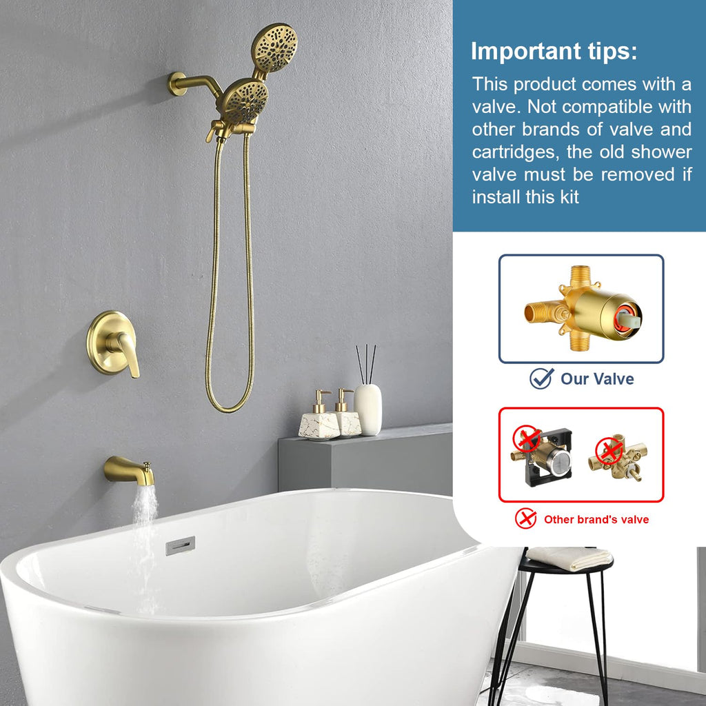 Shower Tub Kit Tub Shower Faucet Combo Set Bathtub Faucet Set Shower System with Tub Spout Shower Valve and Trim Kit Shower Fixtures Brushed Gold