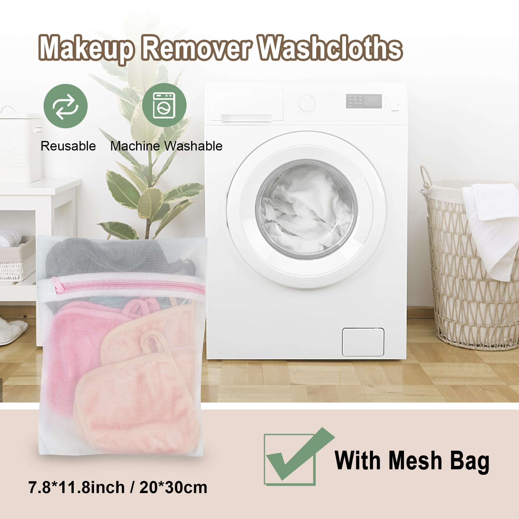 KODAMO Makeup Remover Cloth, Reusable Makeup Remover Pads Washable with Mesh Bag, Microfiber Makeup Removal Face Wash Cloths with Just Water, Gentle Soft, 12 Pack