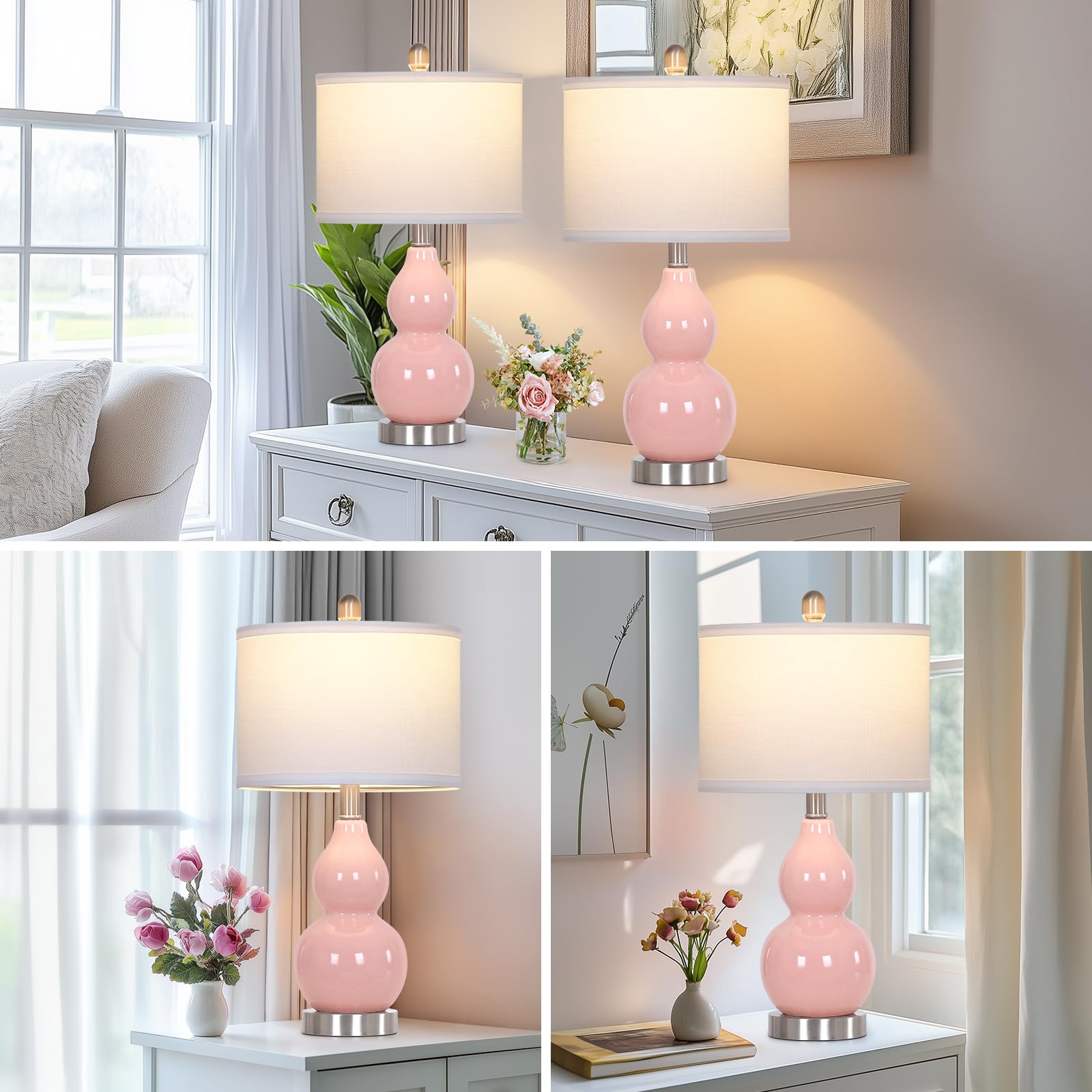Rinweey Double Gourd Ceramic Table Lamps Set of 2, Modern Blue Bedside Lamps for Night Stand, Contemporary Nightstand Lamps for Bedroom Living Room (Bulb Included)