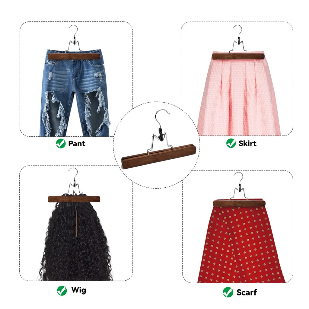 Nature Smile Wooden Pants Skirt Hangers, Smooth Finish Solid Wood Non Slip Jeans Slack Clamp Hangers Hair Extension Hangers (10 Pack Cherry)…