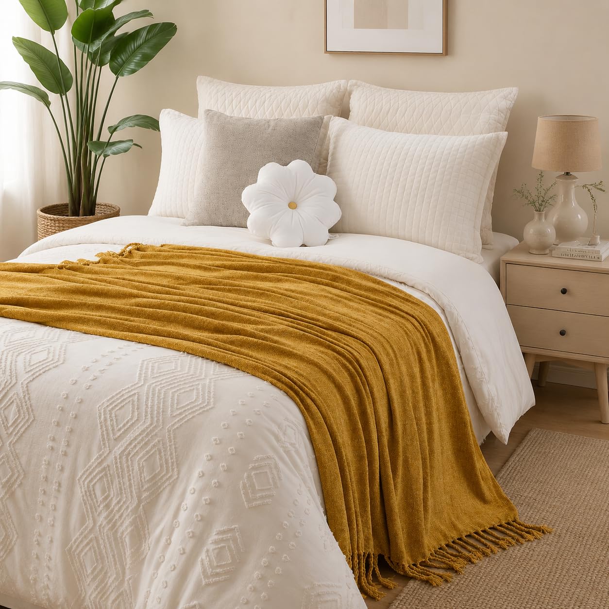 BATTILO HOME Beige Chenille Throw Blanket for Couch, Soft Cozy Textured Knit Throw Blanket with Handmade Fringe Tassels, Lightweight Decorative Farmhouse Blanket for Sofa Bed Chair, 50"x60"