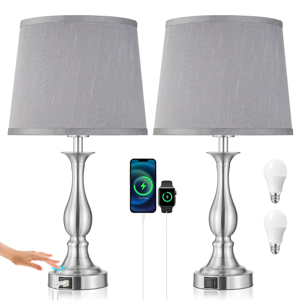 Bedside Table Lamp Touch Control Bedroom Lamps with USB A and C Charging Port 3 Way Dimmable Touch Lamps for Nightstand Living Room Bedroom Dorm Home Office Reading, Set of 2