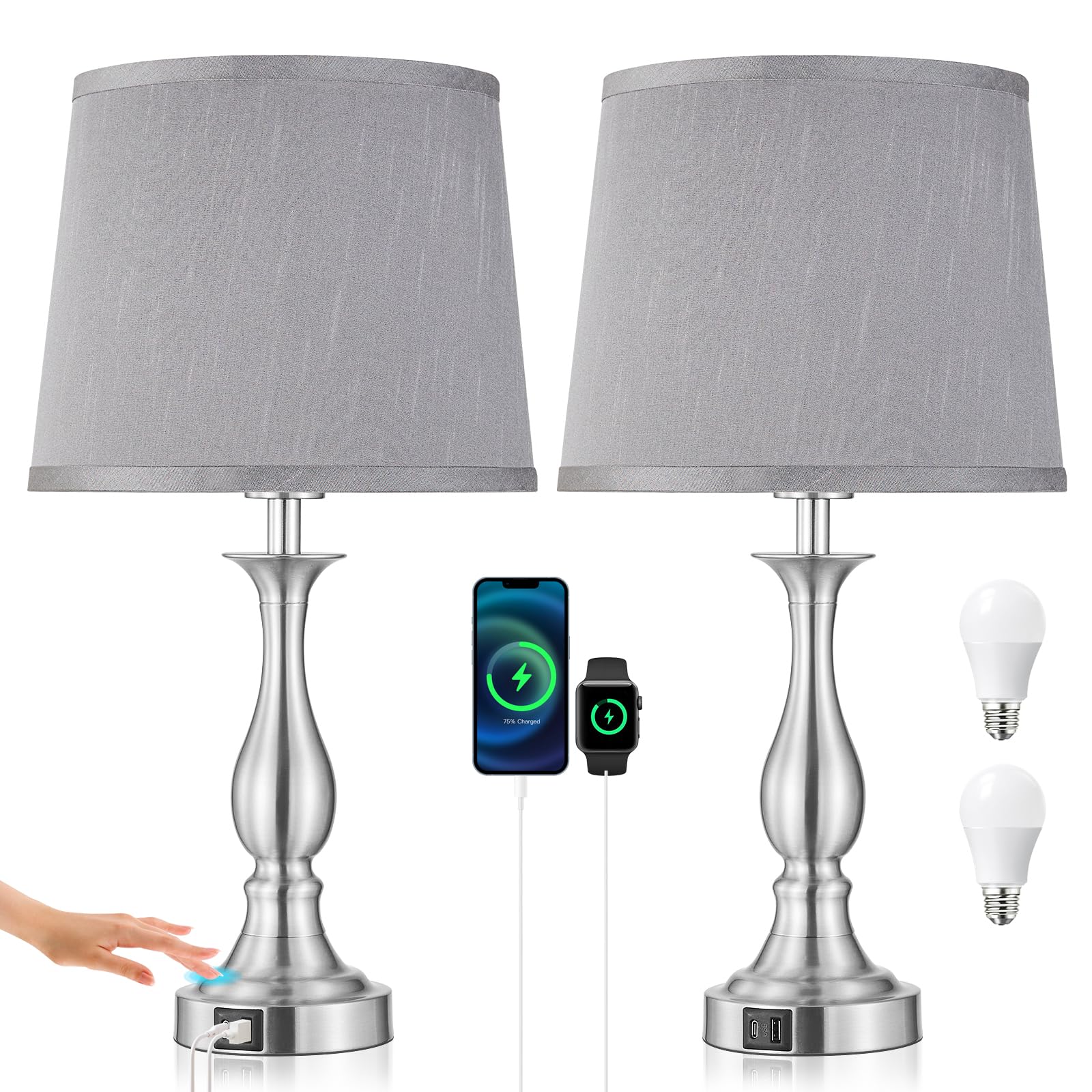 Bedside Table Lamp Touch Control Bedroom Lamps with USB A and C Charging Port 3 Way Dimmable Touch Lamps for Nightstand Living Room Bedroom Dorm Home Office Reading, Set of 2
