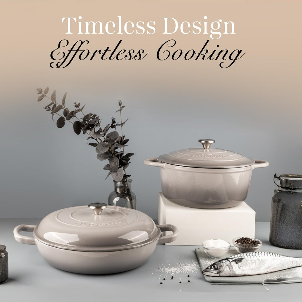 Shallow Cast Iron Casserole with Lid – Non Stick Dutch Oven Pot, Oven Safe up to 500° F – Sturdy Ovenproof Stockpot Cookware – Enamelled Cooking Pot – Black, 5-Quart, 32cm – by Nuovva