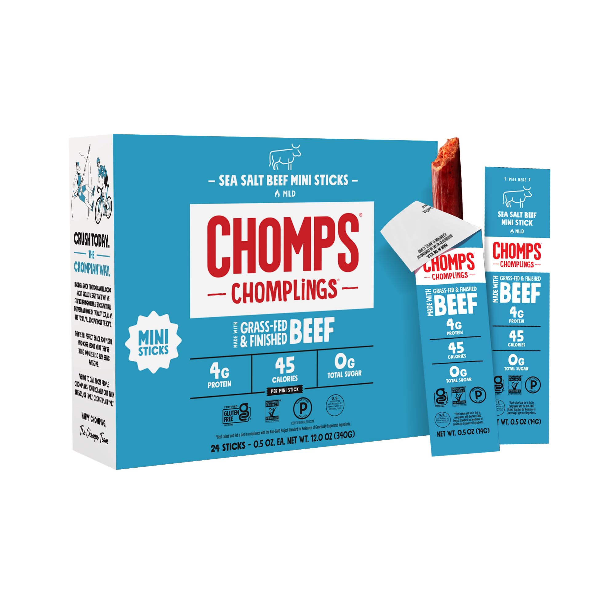 Chomps Snack Size Grass-Fed and Finished Jalapeño Beef Jerky Snack Sticks 0.5oz 24-Pack - Keto, Paleo, Whole30, 4g Lean Meat Protein, Gluten-Free, Zero Sugar Food, Non-GMO Chomplings