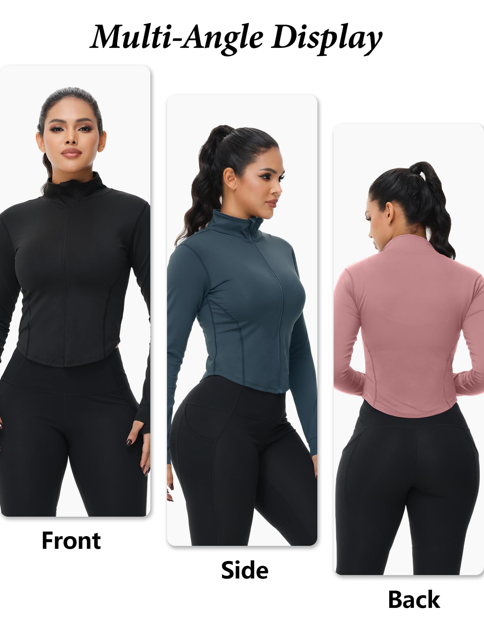 Dalavch 3 Pack Womens Cropped Full Zip up Workout Jacket Slim Fit Running Athletic Gym Yoga Sports Jacket with Thumb Holes