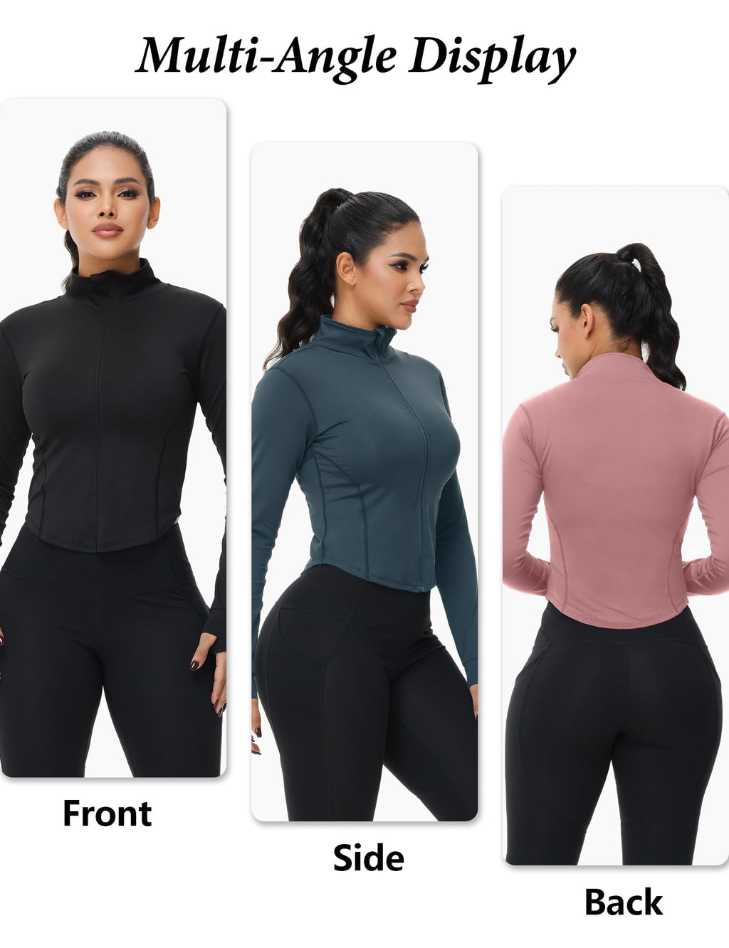 Dalavch 3 Pack Womens Cropped Full Zip up Workout Jacket Slim Fit Running Athletic Gym Yoga Sports Jacket with Thumb Holes