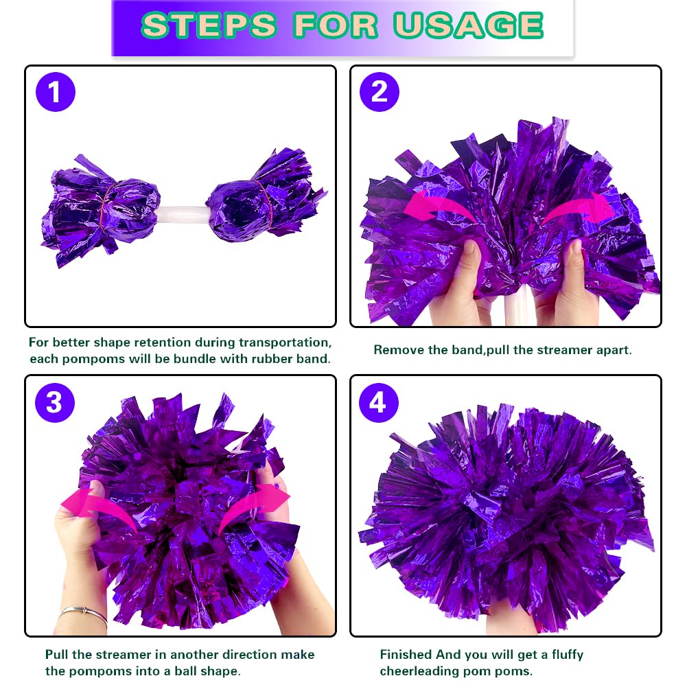 Lovecheer 2PCS/6PCS Metallic Pom Poms Cheerleading with Baton Handle Cheer Pompoms for Kids Adults Team Sports Spirit Party Cheering