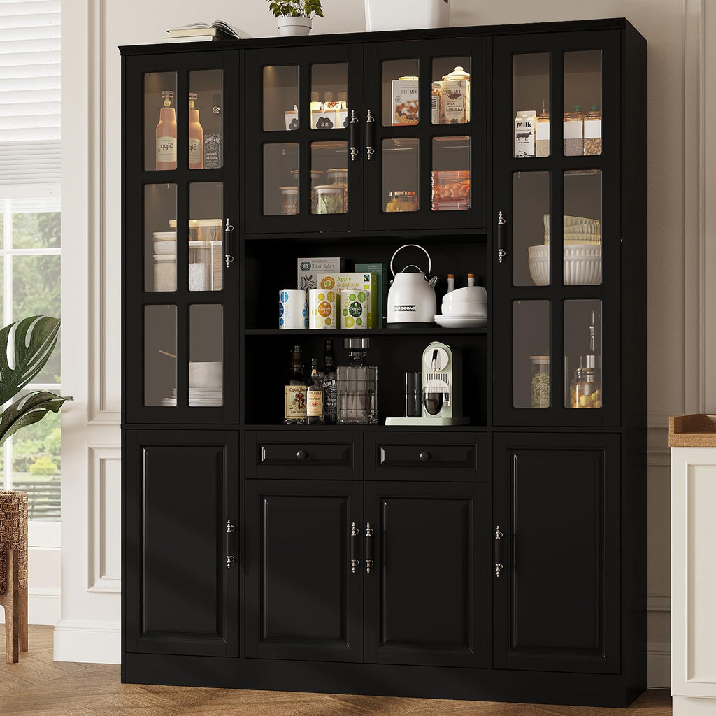 MEISSALIVVE Kitchen Pantry Storage Cabinet with LED Lights, 78.7" Tall with Glass Doors & Drawers, Freestanding Utility Cabinet, Black (31.5" W x 15.7" D)