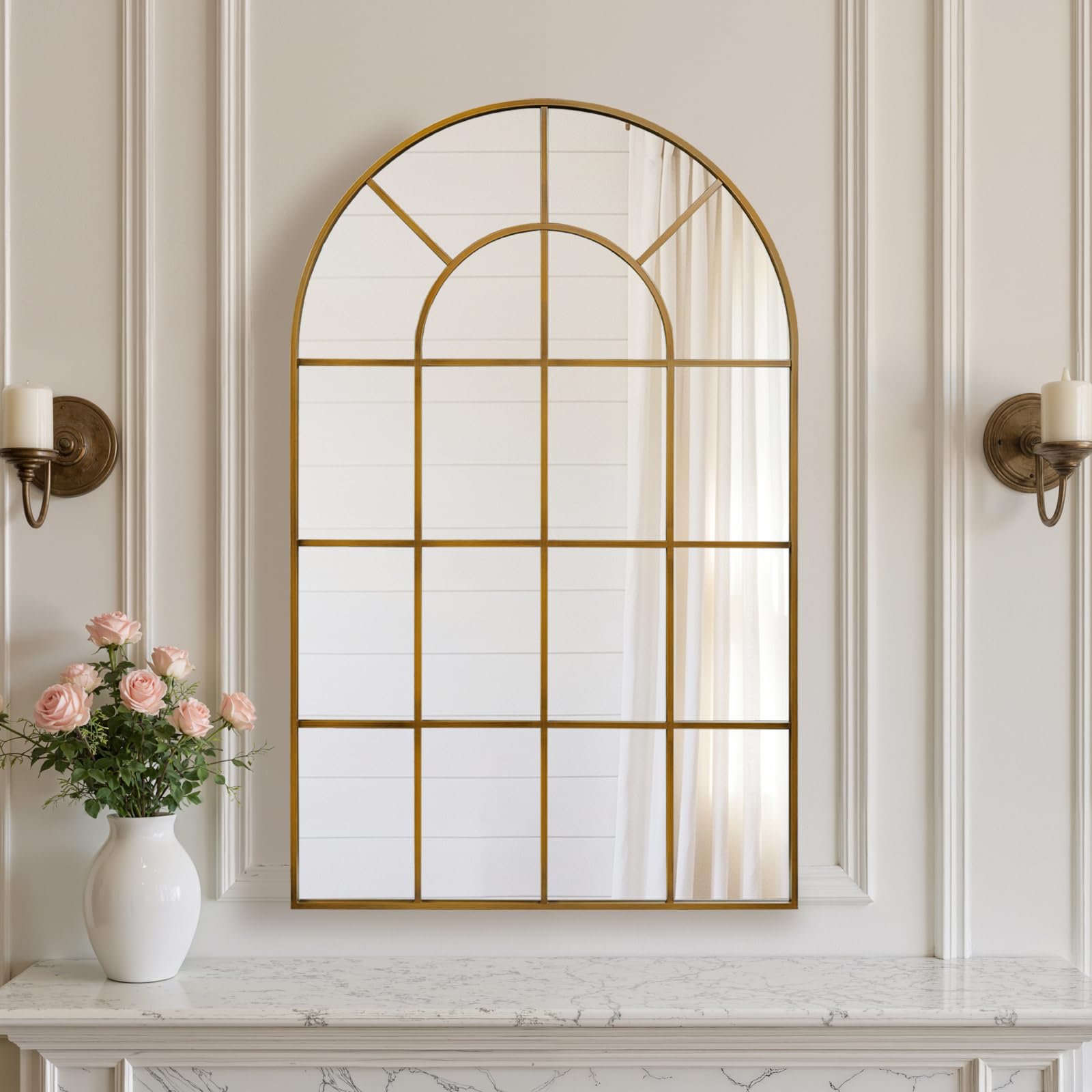 Anpark Arched Windowpane Wall Mirror 24"x36" Black Wall Mounted Art Pane Mirror Farmhouse Decorative Mirror Leaning Hanging Wall Mirror for Bedroom Living Room Entrance Hallway Wall Decor
