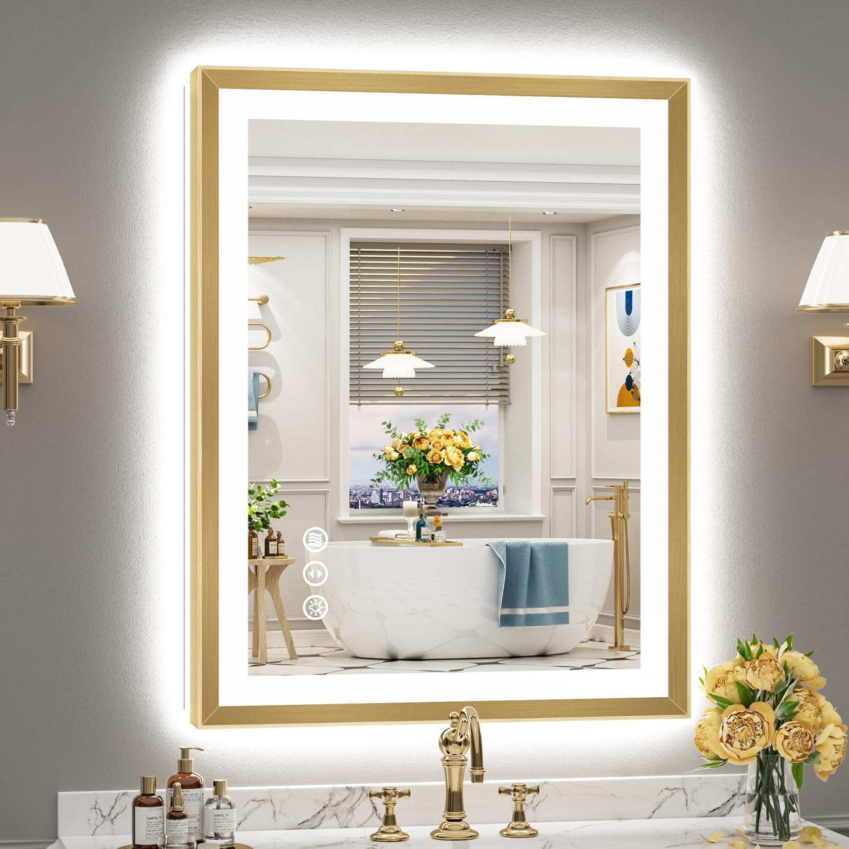 24x36 Gold Beveled LED Bathroom Mirror with Lights, Brushed Gold Framed Backlit and Front Lit Anti-Fog Lighted Vanity Mirrors for Bathroom Wall, Dimmable, 3 Colors, Memory, HD Tempered Glass