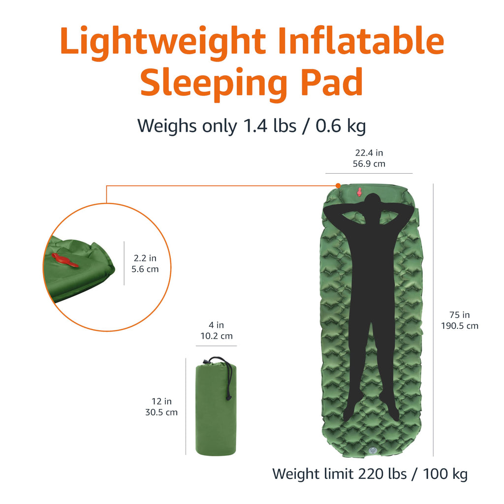 Amazon Basics Camping Sleeping Pad with Quick-Inflate Built-in Foot Pump, Water Resistant, Ultralight, Portable for Hiking and Backpacking, Olive Green