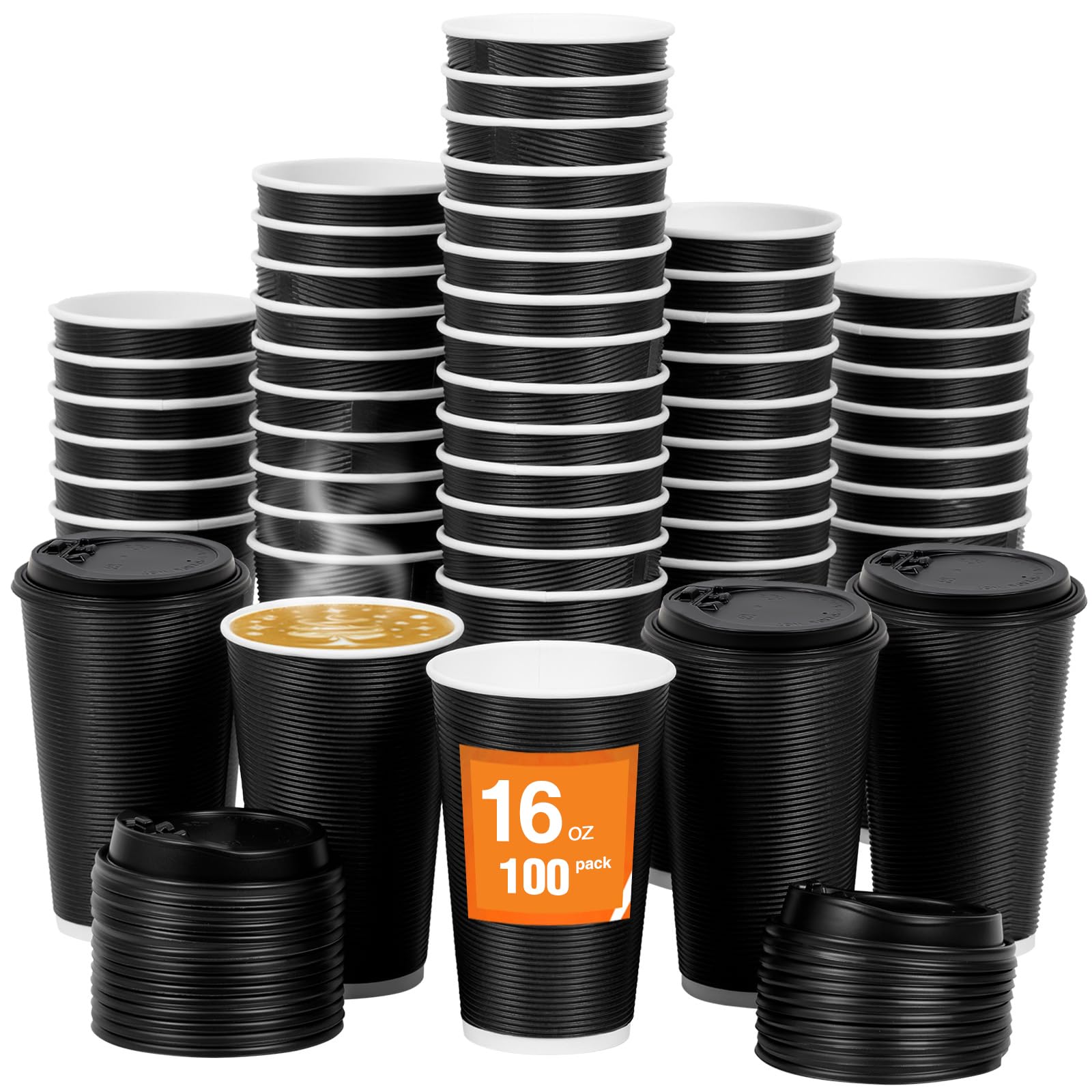 16 oz 100 Pack Corrugated Ripple Wall Disposable Coffee Cups with Lids and Straws, Heavy Duty Insulated Cups for Hot Beverage or Cold Drinks, Bulk for Restaurants, Offices, Coffee Shops(Black)