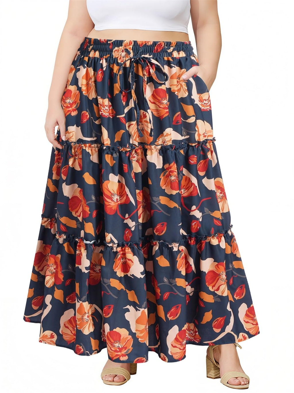 Moon Wood Plus Size Maxi Skirts for Women Trendy Long Flowy Boho Tiered Skirt Renaissance Summer Beach Skirt with Pockets