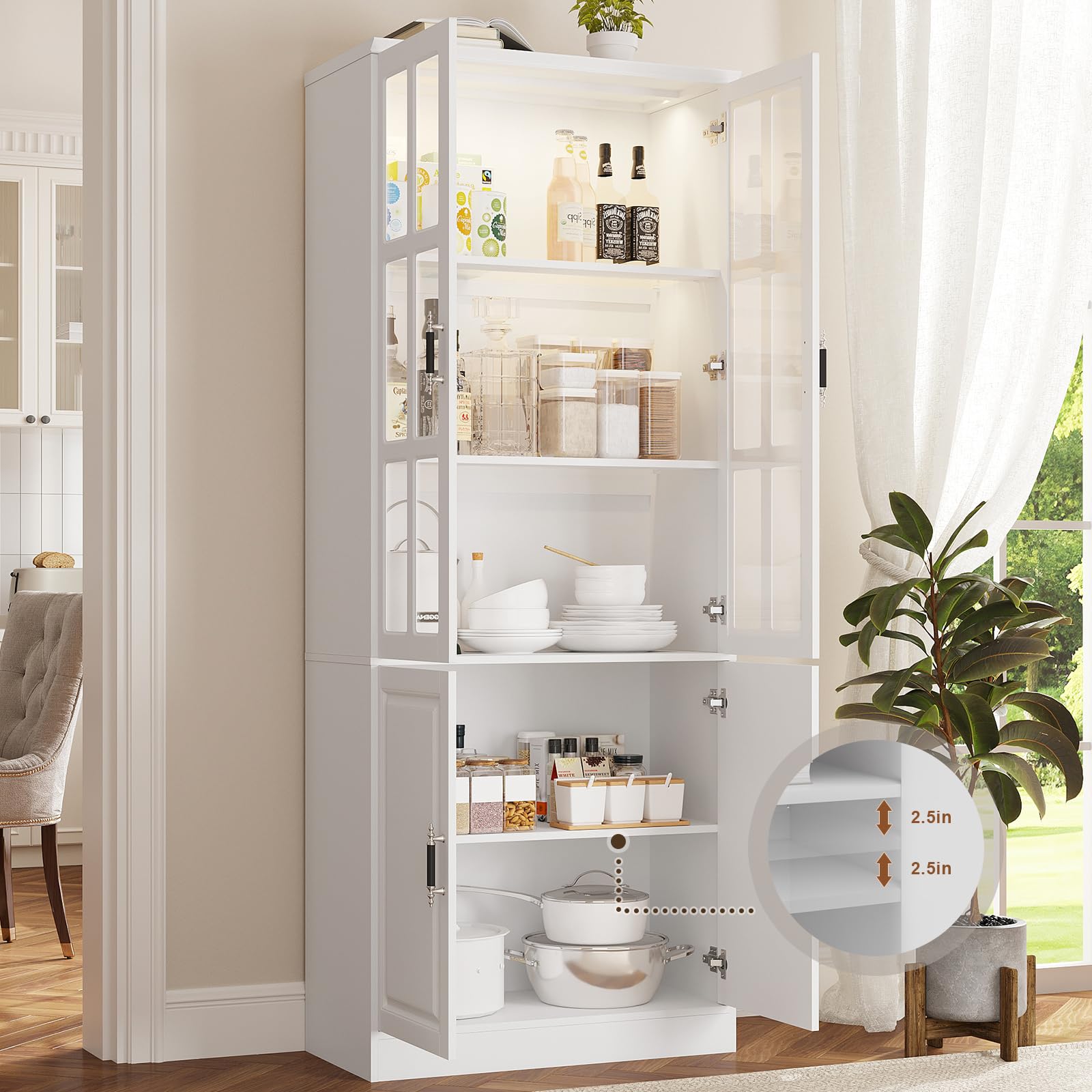 MEISSALIVVE Kitchen Pantry Storage Cabinet with LED Lights, 78.7" Tall with Glass Doors & Drawers, Freestanding Utility Cabinet, Black (31.5" W x 15.7" D)