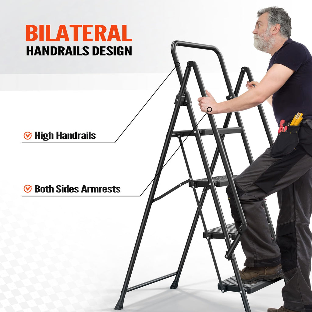 LUISLADDERS 3 Step Ladder with Handrails, Folding Step Stool with Widened Anti-Slip Pedal, 500lbs Lightweight Step Ladder 3 Step Folding, Multi-use for Home Kitchen Pantry Office, Black