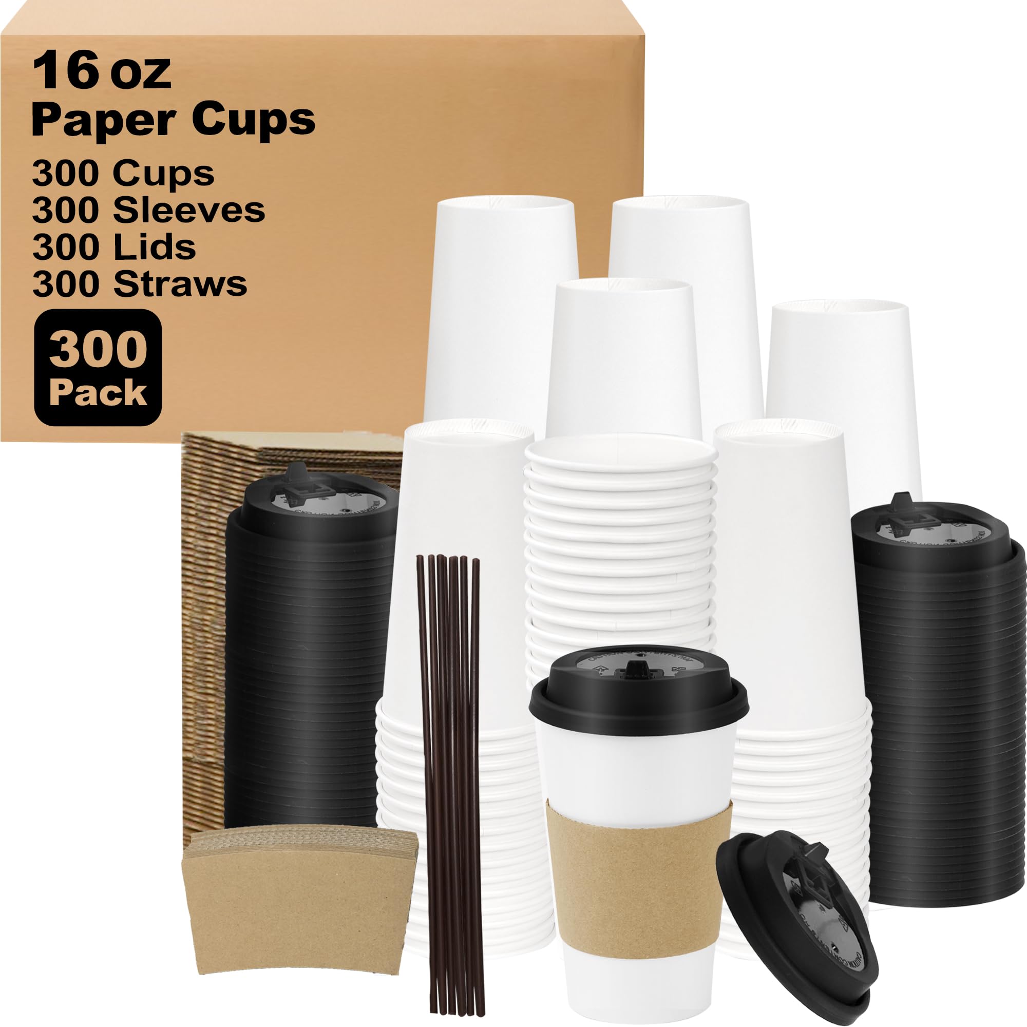 16 oz 100 Pack Corrugated Ripple Wall Disposable Coffee Cups with Lids and Straws, Heavy Duty Insulated Cups for Hot Beverage or Cold Drinks, Bulk for Restaurants, Offices, Coffee Shops(Black)