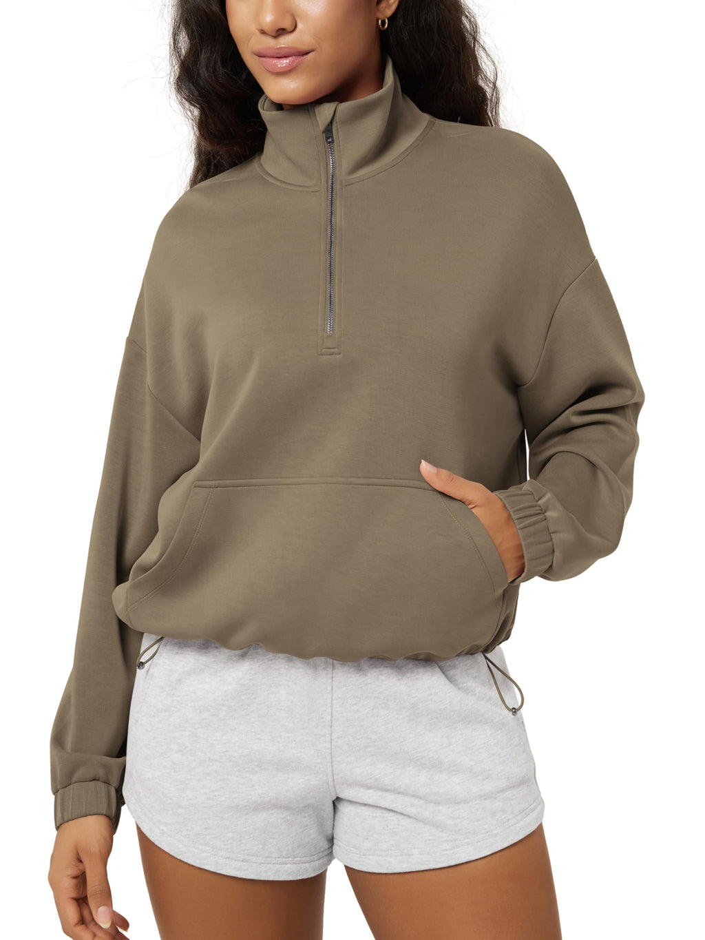ODODOS Women's Modal Soft Cinchable Sweatshirts Half Zipper Funnel Neck Oversize Pullover with Pockets