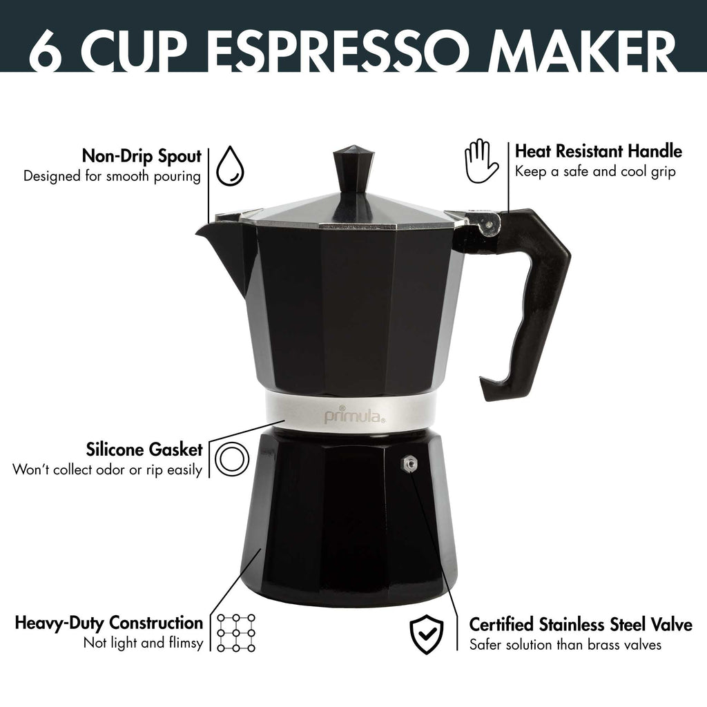 Primula Classic Moka Pot Stovetop Espresso and Coffee Maker, Italian and Cuban Cafetera for Rich Espresso Brewing, Durable Aluminum Greca Coffee Maker with Easy Grip Handle, 6-Cup, Black