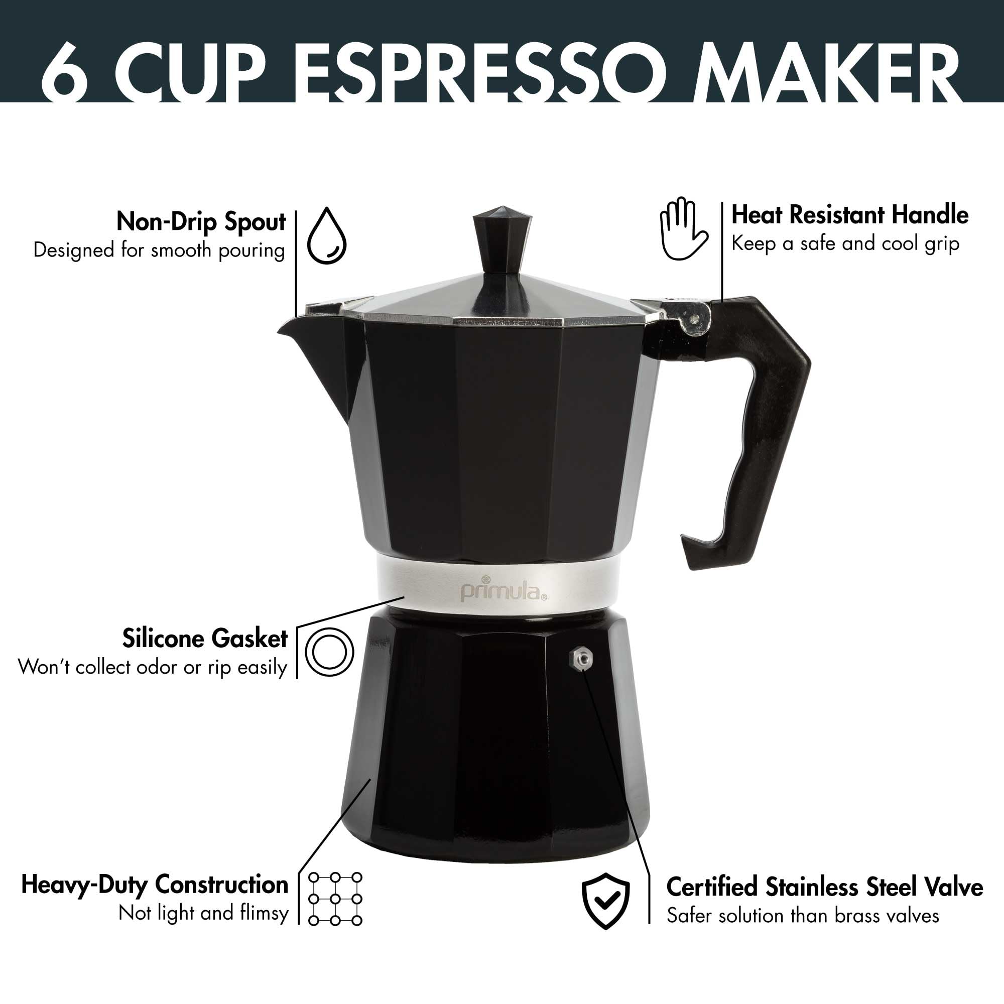 Primula Classic Moka Pot Stovetop Espresso and Coffee Maker, Italian and Cuban Cafetera for Rich Espresso Brewing, Durable Aluminum Greca Coffee Maker with Easy Grip Handle, 6-Cup, Black