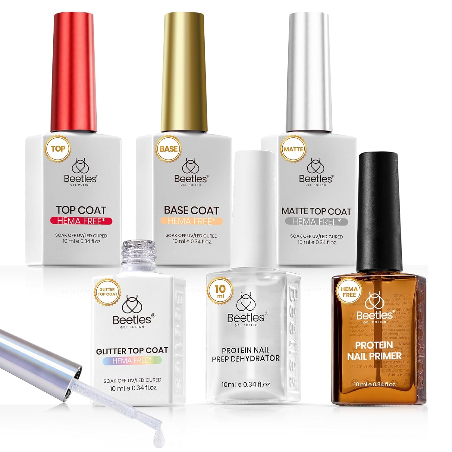 Beetles 2Pcs 15ml Gel Base and Top Coat Set - Upgrade No Wipe Extra Glossy Top Coat Finish for Gel Nail Polish, Soak Off UV/LED Lamp Needed, Essentials for Long-Lasting Manicure Kit