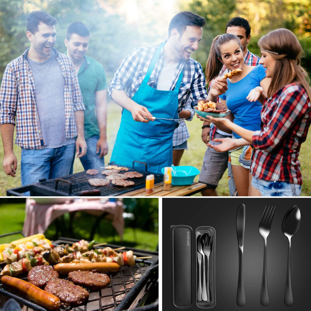 SAOSHYPEI 4-Piece Portable Utensils Set with Travel Case, Reusable Food-Grade Stainless Steel Silverware (Knife, Fork, Spoon), Dishwasher Safe Flatware for Camping, Work Lunch & Picnic, Black