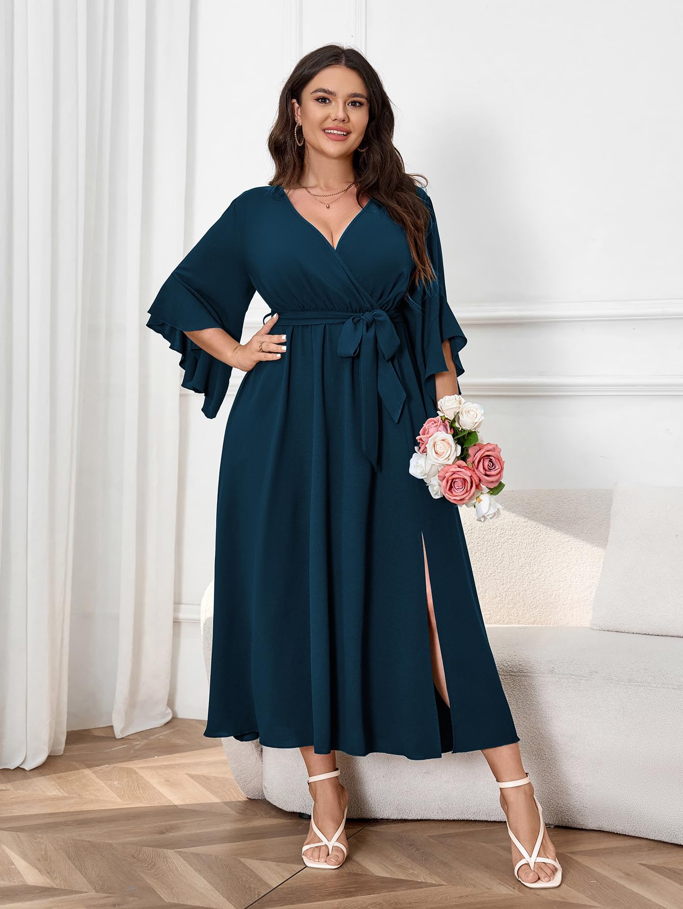 Womens Plus Size Dress Wedding Guest Cocktail Ruffle Half Sleeve Wrap V Neck Slit A Line Maxi Dresses with Belt