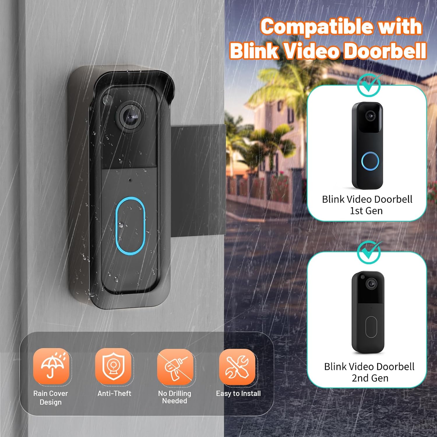 Blink Doorbell Mount, Anti-Theft Doorbell Camera Mount for Blink Video Doorbell 1st Gen & 2nd Gen, No Block Sensor & Night Vision, Doorbell Camera Mount Bracket with Rain Cover