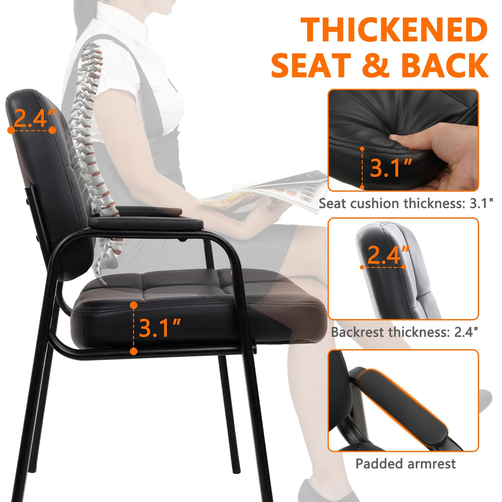 CLATINA Big & Tall 500 lbs Leather Office Reception Chair No Wheels with Padded Arms, Waiting Room Guest Chair for Elderly Home Desk Conference Room Lobby Side Salon Clinic, Black