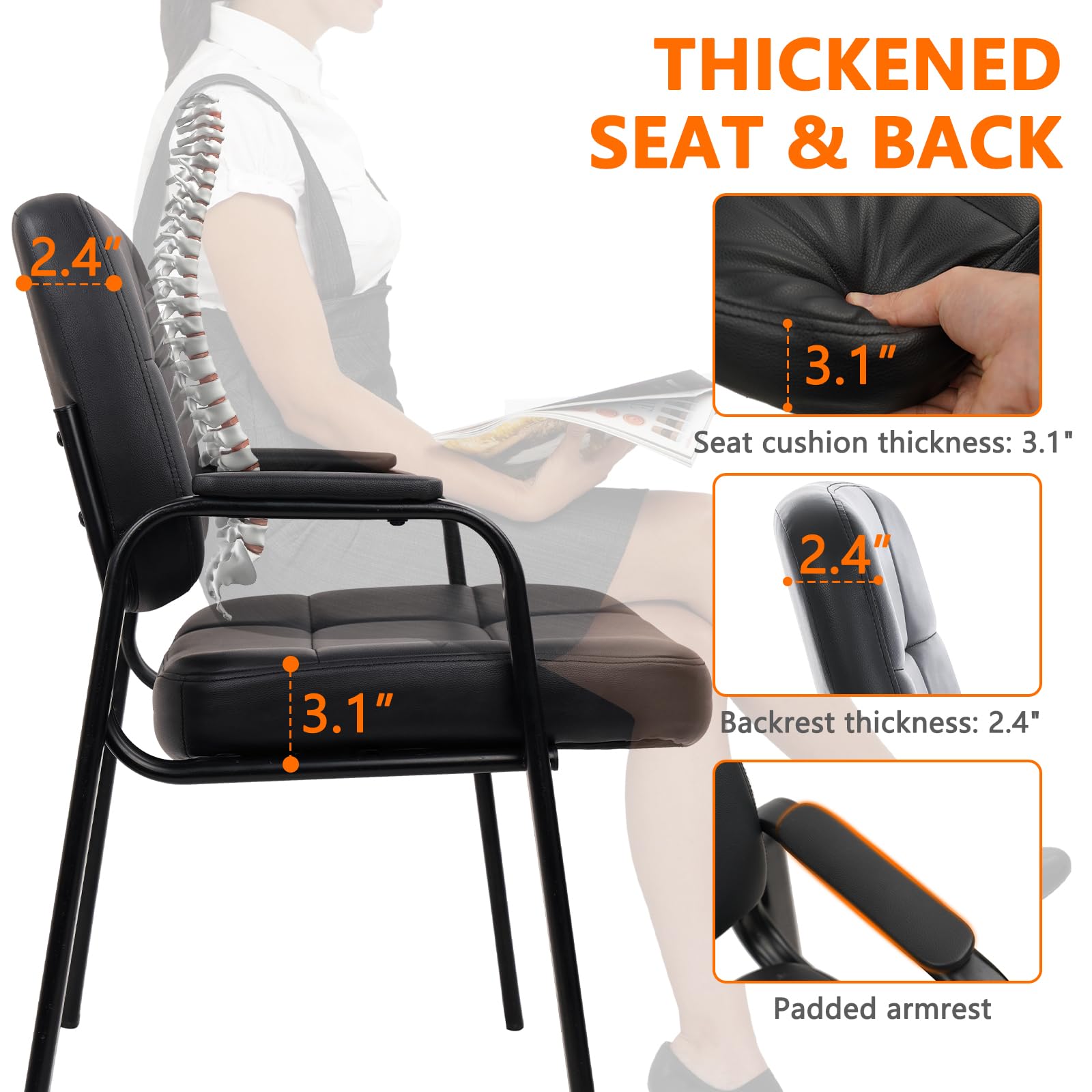 CLATINA Big & Tall 500 lbs Leather Office Reception Chair No Wheels with Padded Arms, Waiting Room Guest Chair for Elderly Home Desk Conference Room Lobby Side Salon Clinic, Black