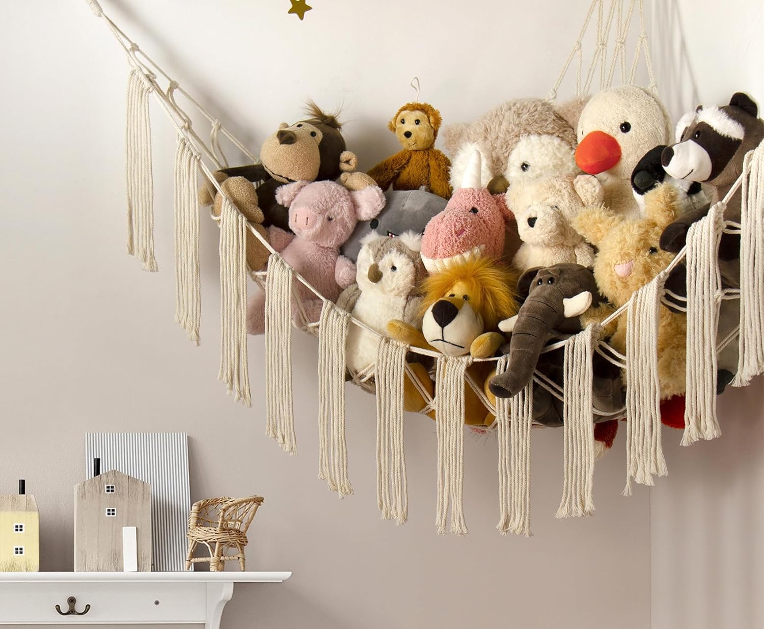 Stuffed Animal Hammock Corner with LED Light - Toy Storage Hammock Plushie Net Large - Cute Stuff Animals Holder Hanging Organizer - Baby Room Decor Kids Toddler Nursery Bedroom Boho