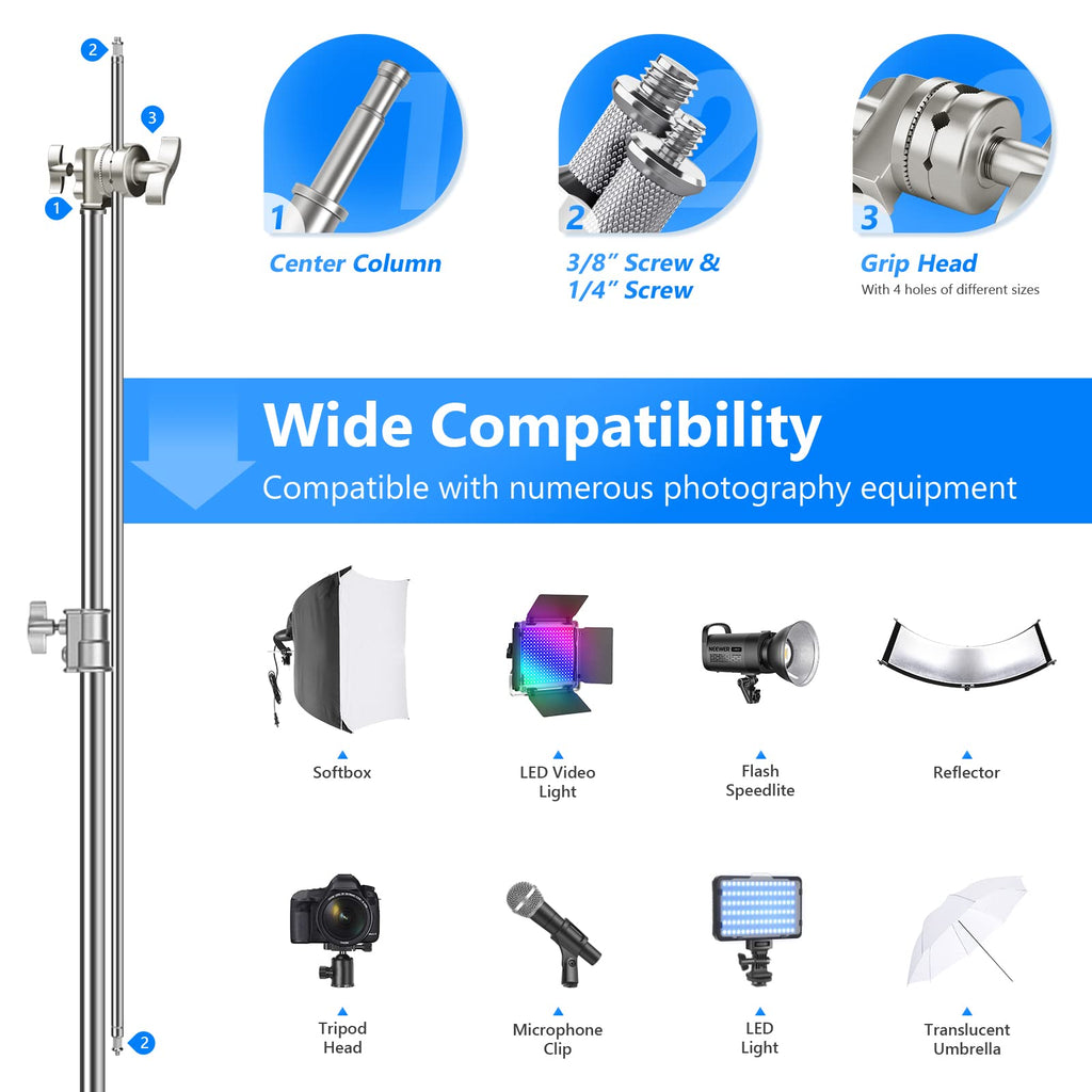 NEEWER Pro 100% Stainless Steel Heavy Duty C Stand with Boom Arm, Max Height 68"/172cm Photography Light Stand with 2.7ft/83cm Holding Arm, 2 Grip Head for Studio Monolight, Softbox, Reflector, SC172