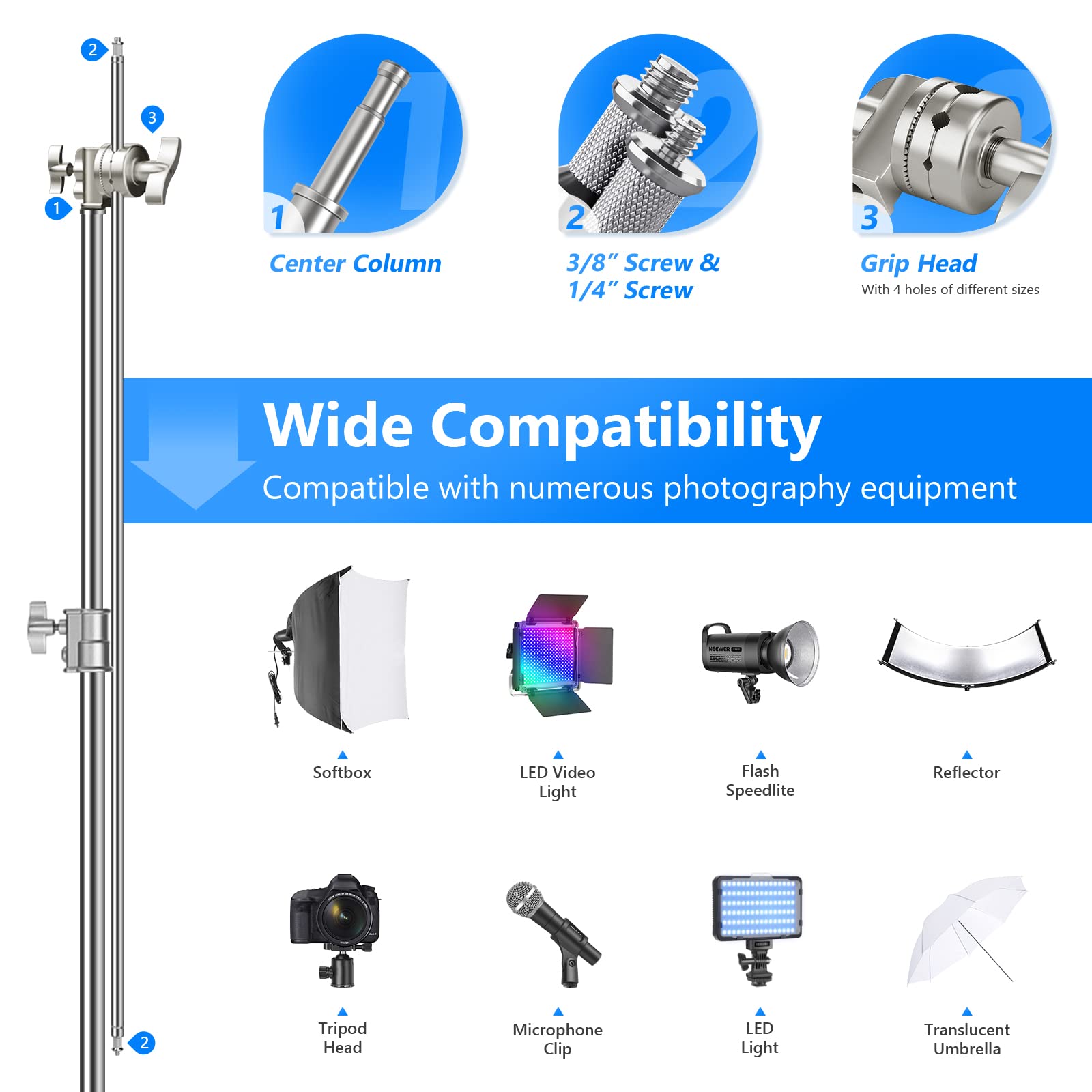 NEEWER Pro 100% Stainless Steel Heavy Duty C Stand with Boom Arm, Max Height 68"/172cm Photography Light Stand with 2.7ft/83cm Holding Arm, 2 Grip Head for Studio Monolight, Softbox, Reflector, SC172