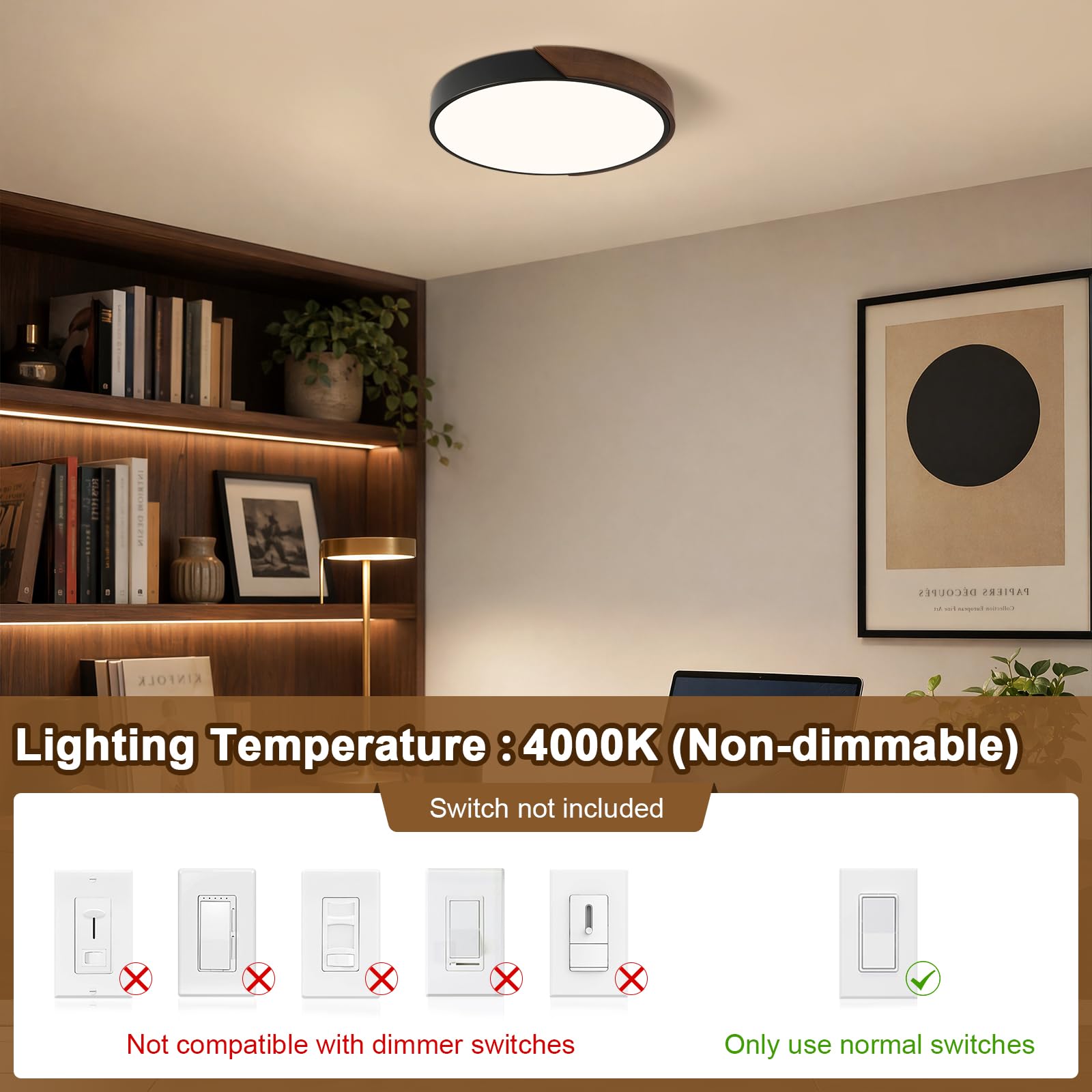 Modern LED Ceiling Light, Minimalist Wood Dimmable Flush Mount Ceiling Light Fixture, Round 5CCT Lighting Lamp with Acrylic Lampshade for Bedroom Hallway Kitchen Laundry, Black 11.8"