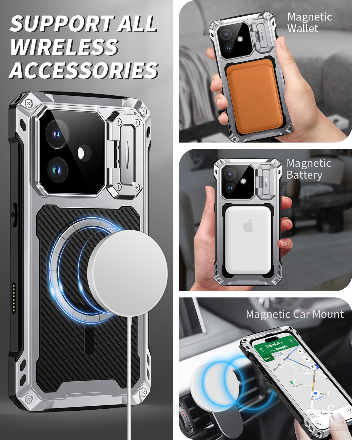 Lanhiem for iPhone 16 Metal Case with Camera Cover & Stand [Compatible with MagSafe] [Built-in Kickstand] [Military-Grade Protection] Heavy Duty Rugged Magnetic Phone Case, Black