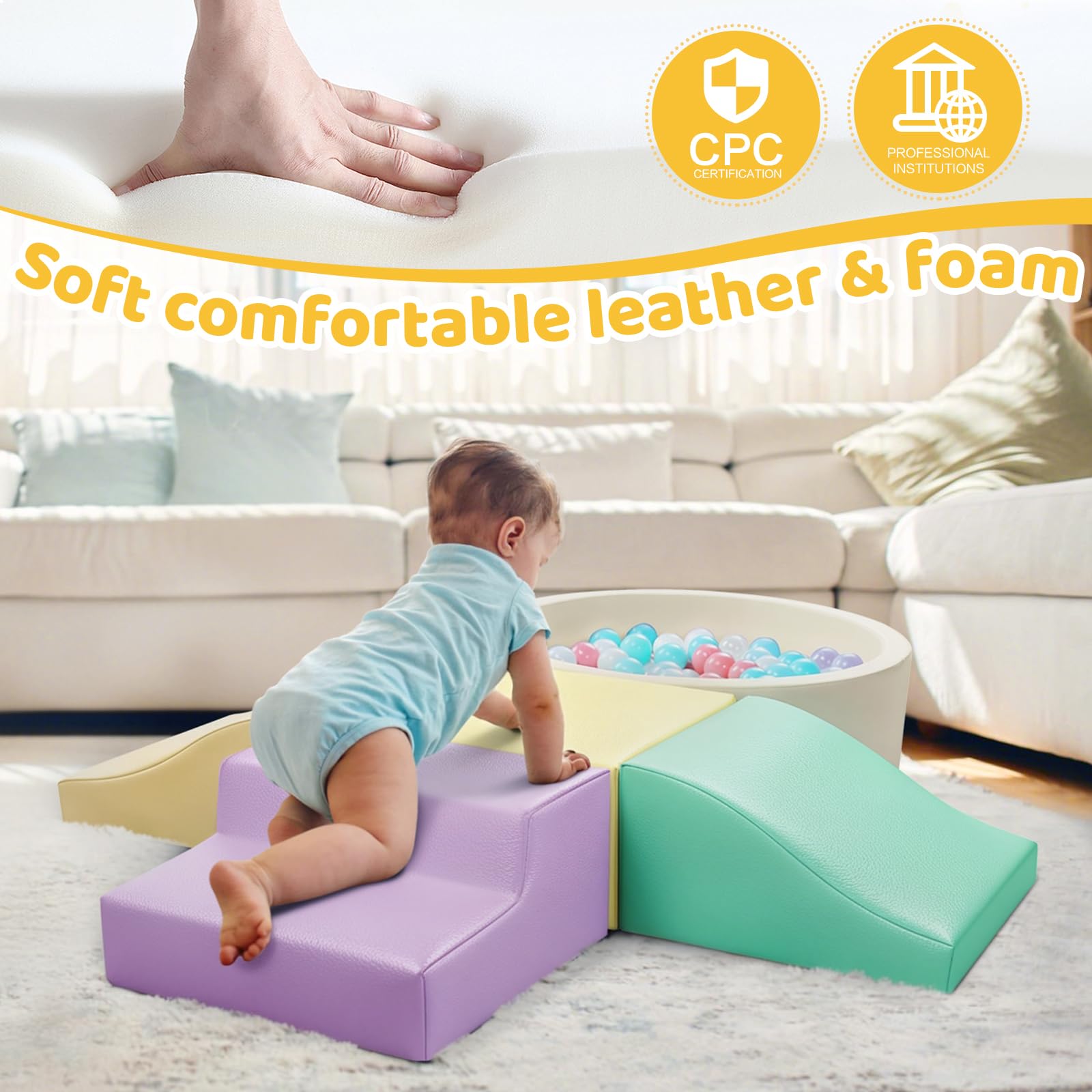 Foam Climbing Blocks for Toddler: with 4-Piece PU Leather Climbing Toys and a Ball Pit - Foam Ball Pit for Toddlers - Climbing Toys Indoor for Kids Crawling (Beige/Ivory Climbing Blocks)