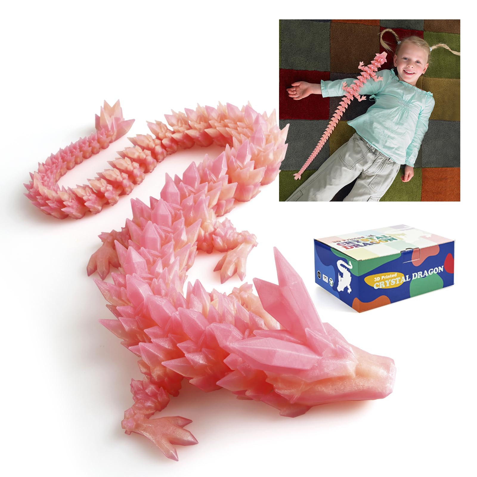24" Large 3D Printed Dragon - Huge Articulated Crystal Dragon Fidget Toy, Giant Flexible 3D Dragon Figure, Birthday Gift for Boys Girls Kids & Collectors, Home Office Executive Desk Decor