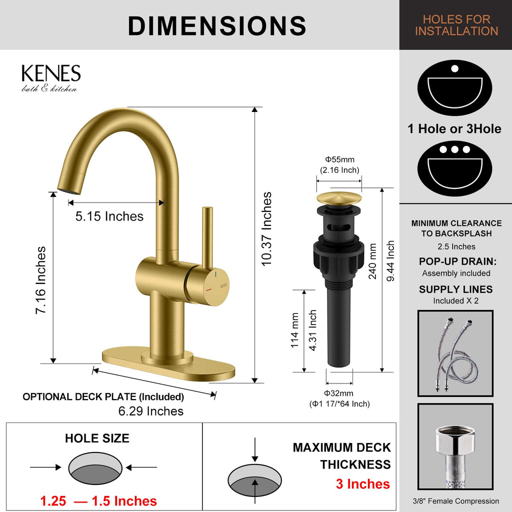 KENES Black and Gold Single Handle Bathroom Sink Faucet, Modern Prep Wet Bar Sink Faucet with Drain Assembly & Deck Plate, Vanity Faucets for Farmhouse RV Camper Utility, KE-9005B-BG