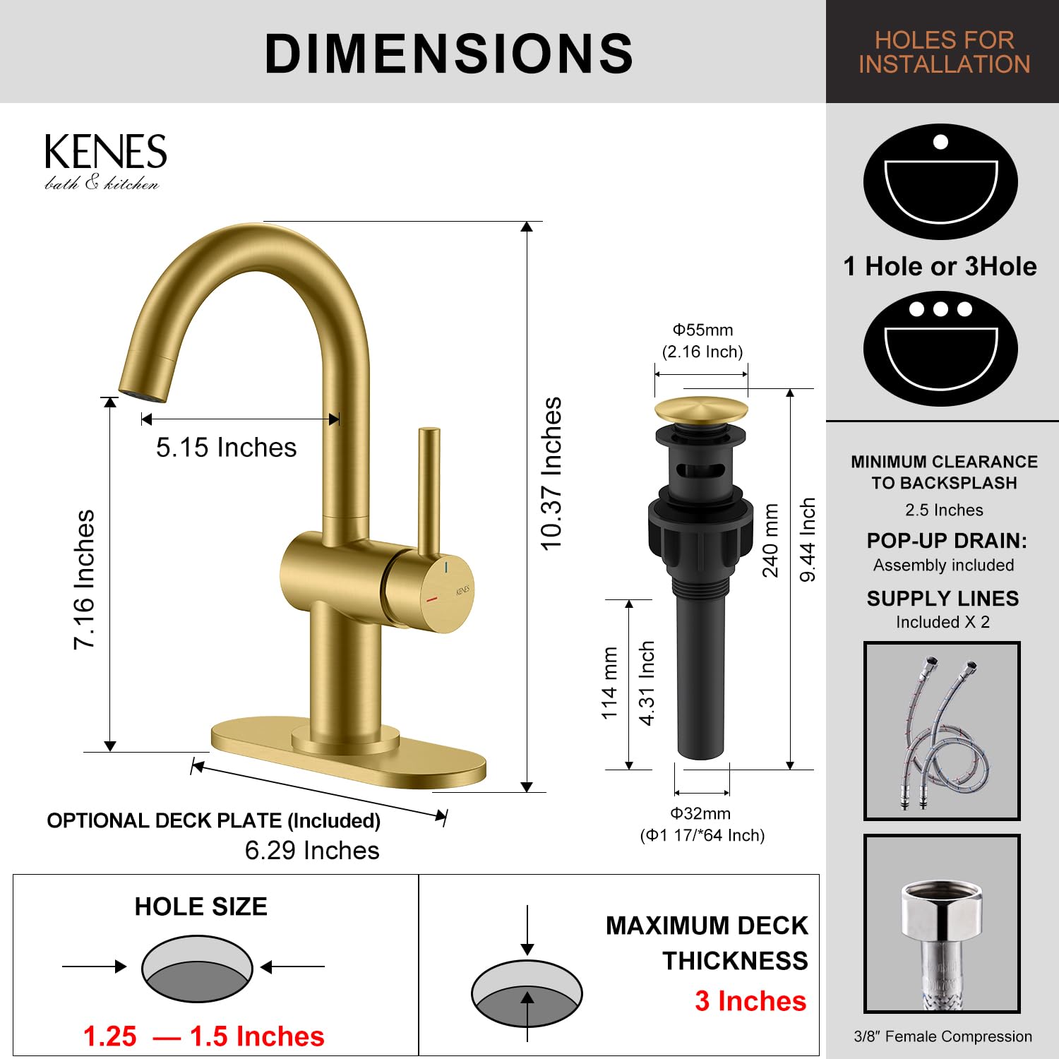 KENES Black and Gold Single Handle Bathroom Sink Faucet, Modern Prep Wet Bar Sink Faucet with Drain Assembly & Deck Plate, Vanity Faucets for Farmhouse RV Camper Utility, KE-9005B-BG