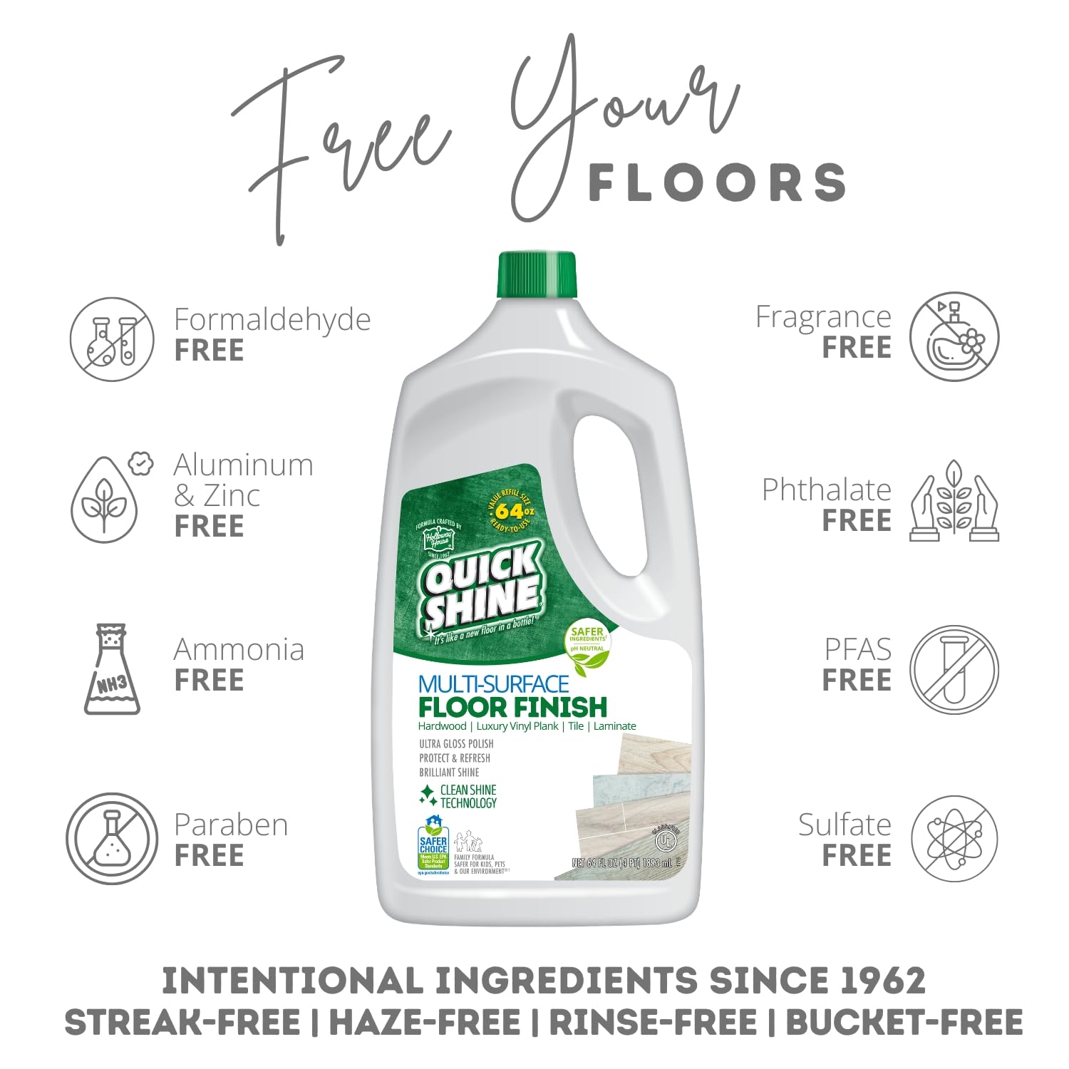 Quick Shine Multi-Surface Floor Finish-Polish 27oz-2pk | Safer Choice, No PFAS, pH Neutral Clean Shine Technology | Squirt & Spread | For Wood, Laminate, LVP, LVT, Tile & Stone | Made in USA