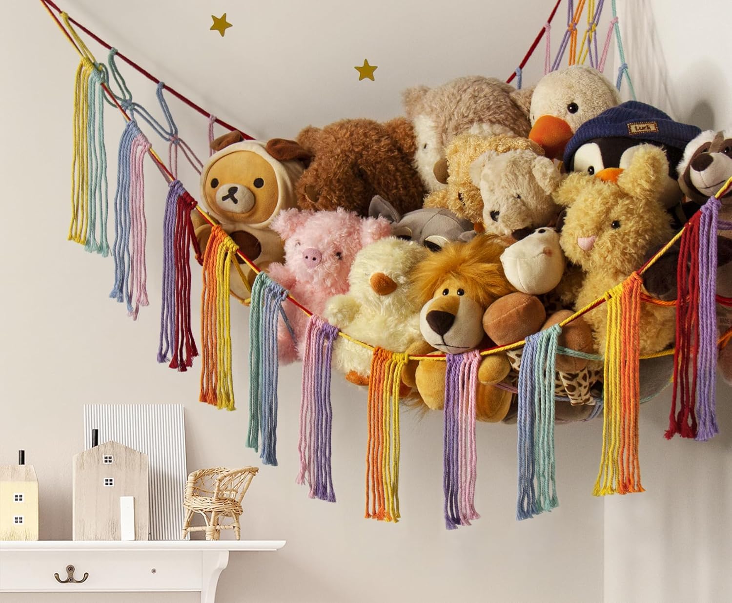 Stuffed Animal Hammock Corner with LED Light - Toy Storage Hammock Plushie Net Large - Cute Stuff Animals Holder Hanging Organizer - Baby Room Decor Kids Toddler Nursery Bedroom Boho