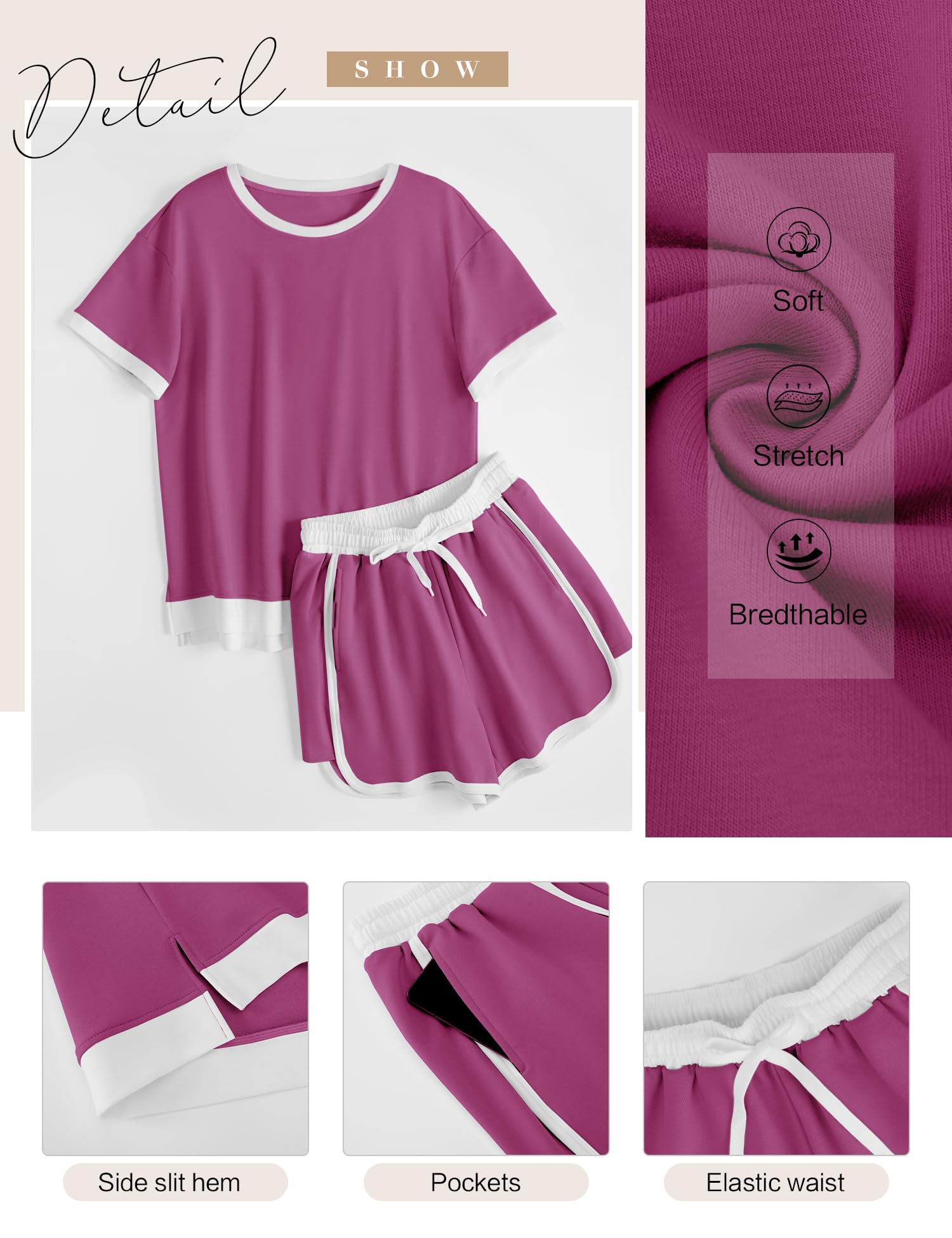 AKEWEI Shorts Sets Women 2 Piece Outfits Casual Short Sleeve Crewneck Tops and Drawstring Shorts Color Block Sets
