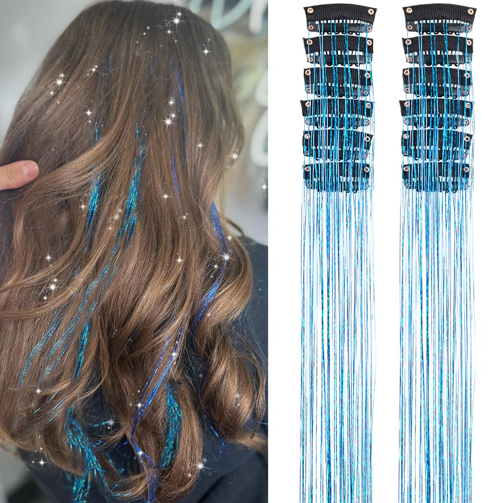 Clip in Hair Tinsel, Pack of 12 Pcs 20 Inch,Glitter Tinsel Hair Extensions, Festival Tinsel Fairy Hair Extension Party Dazzle Hair Accessories Strands Kit for Women Girls(12Pcs,Black#)